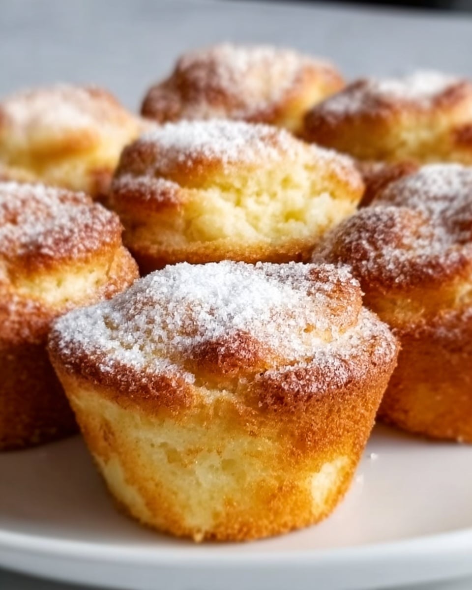 A close-up view of several small, golden brown muffins with a slightly uneven top sprinkled with white powdered sugar, placed closely together on a white plate. The muffins have a soft, moist texture with a light crust on the outside and a fluffy, creamy inside that is visible in the foreground. The background shows more muffins but they are slightly out of focus, all arranged on a white marbled surface. Photo taken with an iphone --ar 4:5 --v 7