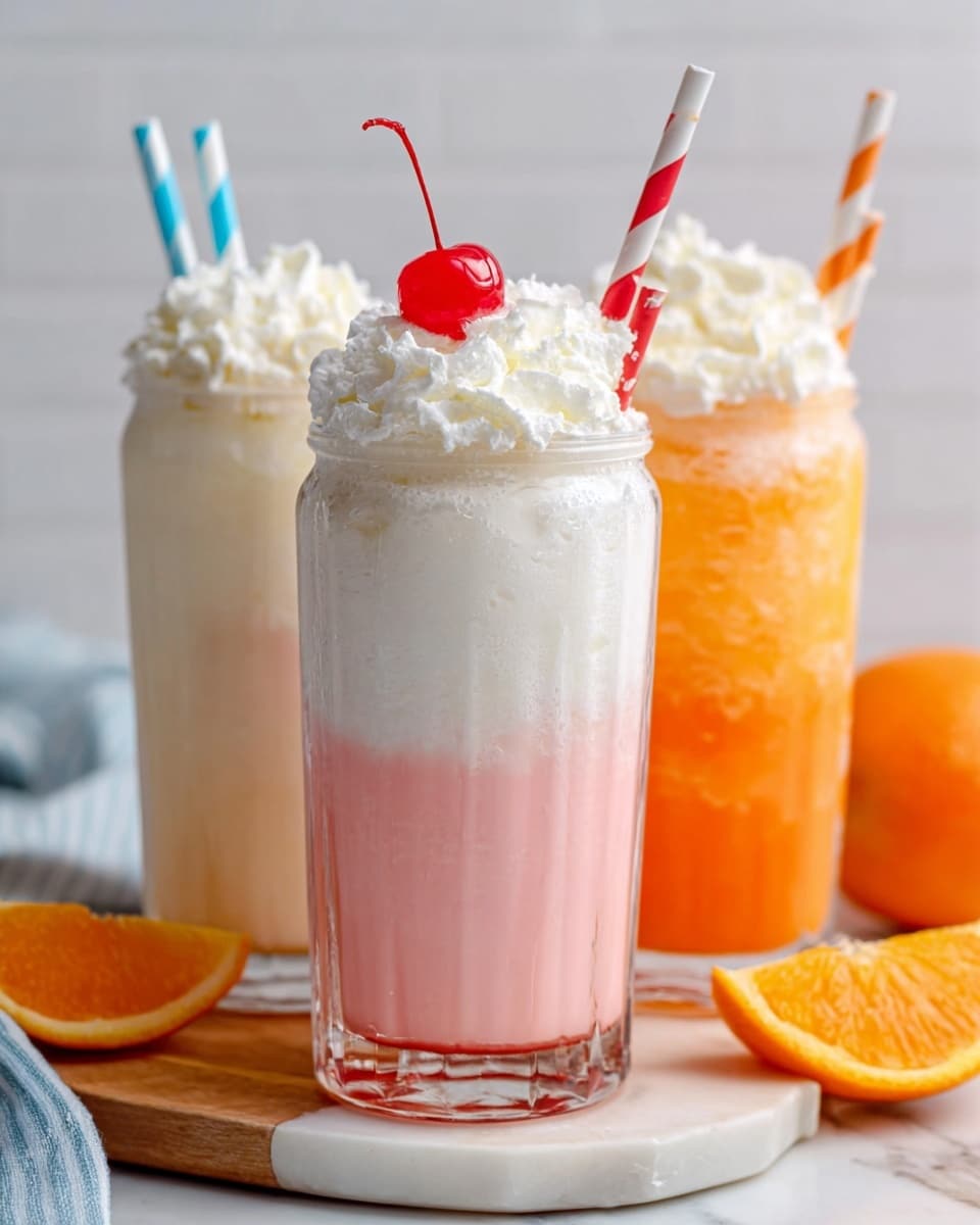 The image shows three tall clear glasses filled with layered drinks on a white marbled surface. The front glass has three layers: a bottom light pink creamy layer, a middle white frothy layer, and a thick top layer of white whipped cream with a red cherry and a red and white striped straw. Behind it, the left glass contains a white creamy drink topped with whipped cream and a blue and white striped straw. The right glass has an orange creamy drink topped with whipped cream and an orange and white striped straw, with a sliced orange placed nearby. The scene feels bright and fresh, with all glasses sitting on a light wooden tray. Photo taken with an iphone --ar 4:5 --v 7