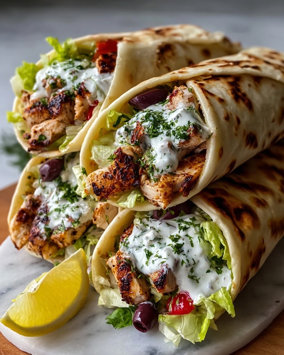 A white plate on a white marbled surface holds a kebab wrap laid flat on one side and open-faced on the other, showing several pieces of grilled, browned chicken kabobs resting on a bed of yellow rice mixed with green herbs. Above the chicken are layers of bright red tomato slices, green lettuce, and drizzles of white sauce with a smooth texture. A folded piece of flatbread leans against the side of the plate, and in the blurred background, small white bowls containing yellowish brown sauce, fresh herbs, and a colorful salad can be seen. Photo taken with an iphone --ar 4:5 --v 7