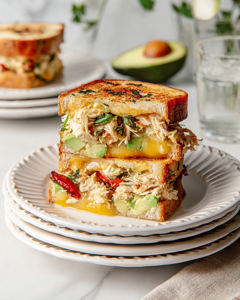 The image shows several bowls and plates arranged on a white marbled surface. At the top left, there is a white bowl filled with shredded rotisserie chicken in light beige, and to its right, a small white bowl holds chopped green cilantro. Below the chicken, to the left, a white scalloped plate displays multiple thin slices of pale yellow gouda cheese overlapping each other. To the right of the cheese, another white scalloped plate holds four pieces of focaccia bread with a golden-brown, slightly toasted surface sprinkled with herbs. Below the focaccia, there is a halved avocado with a visible brown seed and bright green flesh placed directly on the white marbled surface. Around the bottom center, there are three small white bowls: one contains bright red peppadew peppers, another has dark, small pieces of sundried tomatoes, and the last one is filled with creamy white mayo. Photo taken with an iphone --ar 4:5 --v 7