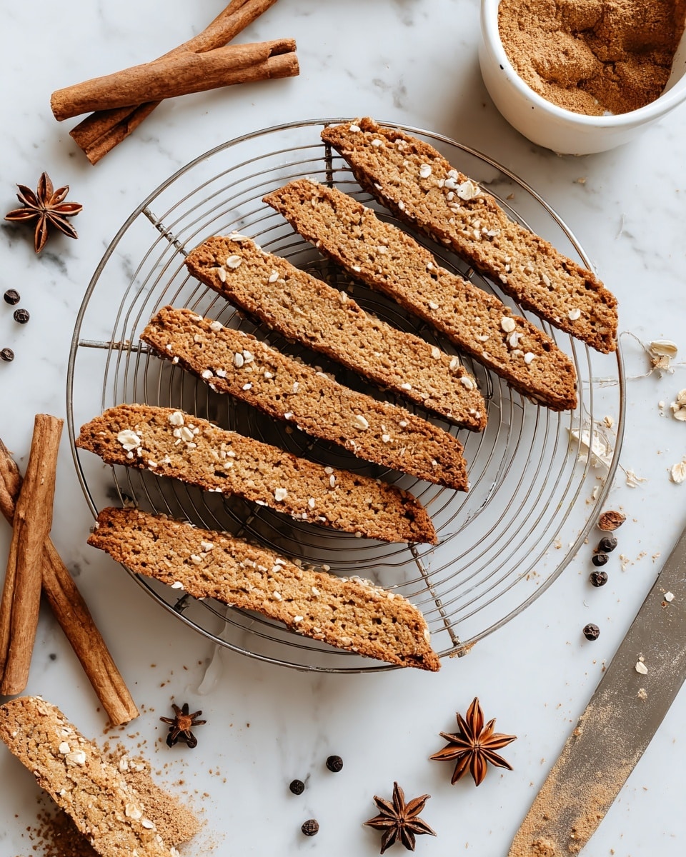 The image shows six long, thin biscotti strips with a golden brown color and a rough, crunchy texture placed on a silver cooling rack. The biscotti have visible bits of oats and sesame seeds on top, scattered unevenly. Around the rack, spices such as whole star anise, cinnamon sticks, black peppercorns, and cloves lay on a white marbled surface, adding a warm, rustic feel. There is also a small white bowl with a brown powder inside and a knife with some spice residue on the blade nearby. photo taken with an iphone --ar 4:5 --v 7