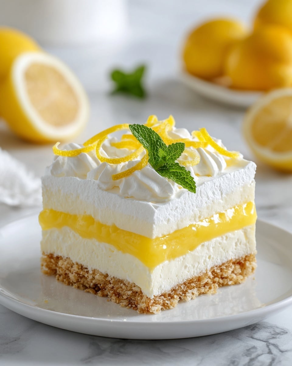 A square slice of layered lemon dessert sits on a white plate with a crumbly light brown base. Above the base, there are alternating layers of smooth creamy white and thick bright yellow lemon filling, topped with a thick fluffy white cream layer. On top, there are thin yellow lemon peel twists and a fresh green mint leaf for decoration. In the background, whole and cut yellow lemons blur softly on a white marbled surface. photo taken with an iphone --ar 4:5 --v 7