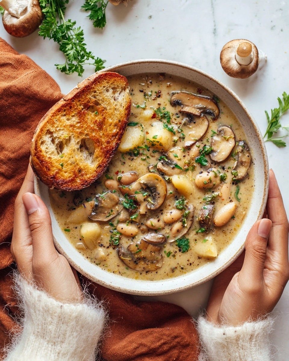 A white shallow bowl filled with a creamy soup featuring large slices of brown mushrooms, white beans, and chunks of pale yellow potatoes, all mixed in a smooth light beige broth with specks of black pepper and bits of green parsley scattered on top. On the left side of the bowl, a slice of toasted brown bread with a crispy crust rests partially dipped in the soup. A woman's hand wearing a white fuzzy sweater gently holds the bowl on the left, while on the right, another woman's hand holds the bowl steady. The bowl sits on a soft, folded rusty orange cloth against a white marbled surface, with fresh parsley and whole mushrooms nearby. Photo taken with an iphone --ar 4:5 --v 7
