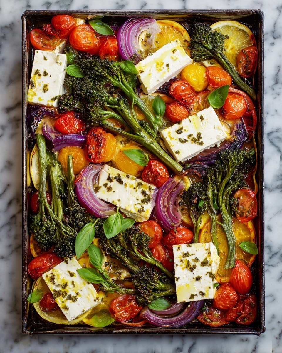 The image shows a baking tray filled with a colorful mix of roasted vegetables and cheese. The base layer is made up of bright yellow lemon slices and thin rings of purple-red onion spread evenly across the tray. On top of this, there are vibrant red and orange cherry tomatoes, some whole and some cut in halves. Large blocks of white feta cheese, slightly soft and crumbly, are placed in the center and scattered around. Green broccolini stems, with slightly charred edges, lay across the dish, adding texture and color contrast. Fresh green basil leaves are sprinkled on top for a fresh touch. The surface beneath the tray is a white marbled texture. photo taken with an iphone --ar 4:5 --v 7