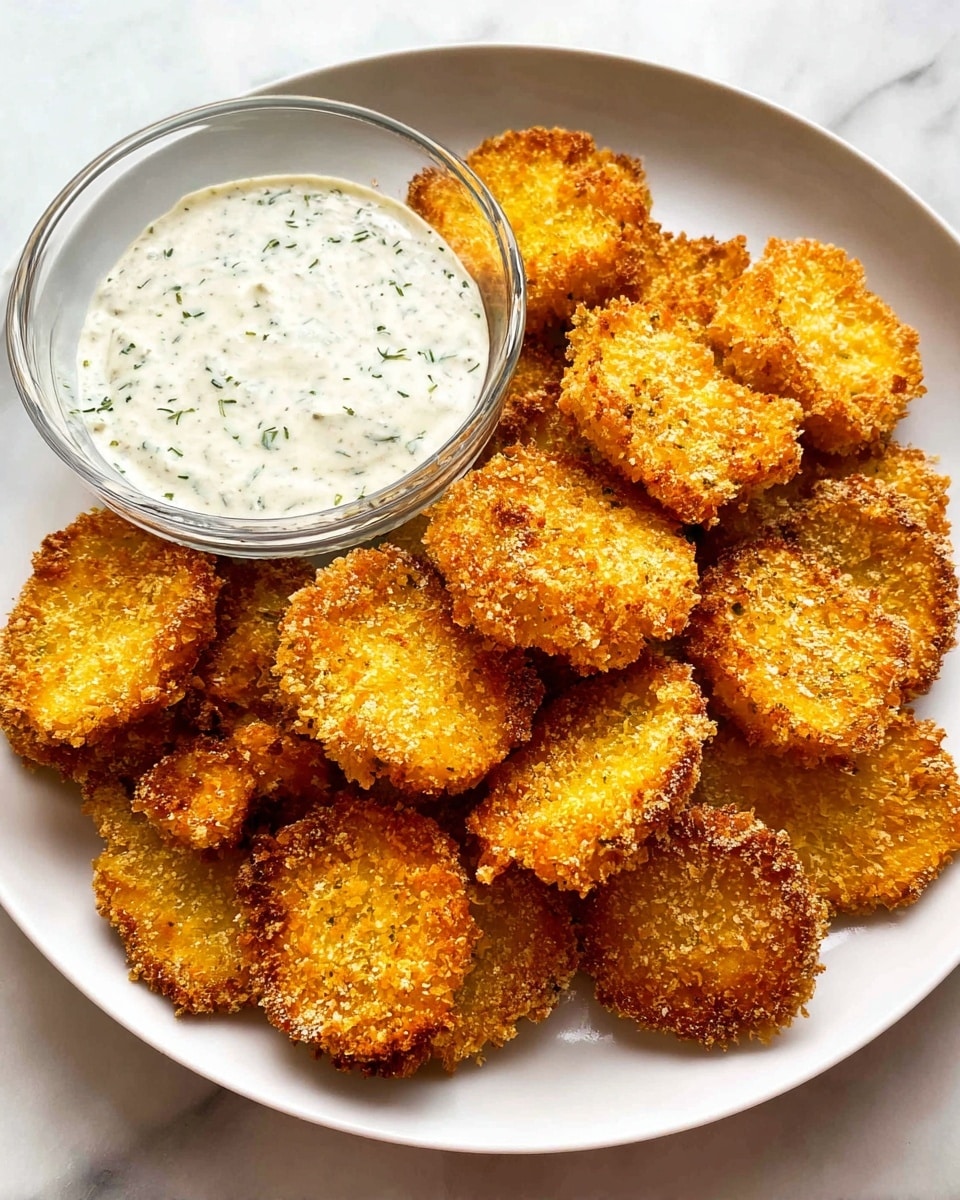 A white plate holds a pile of crispy, golden-brown fried pickle slices, each coated in a crunchy textured breading. To the back left of the plate, there is a small clear glass bowl filled with a creamy, white dipping sauce speckled with green herbs. The plate is set on a white marbled surface that adds a soft, natural background to the dish. Photo taken with an iphone --ar 4:5 --v 7