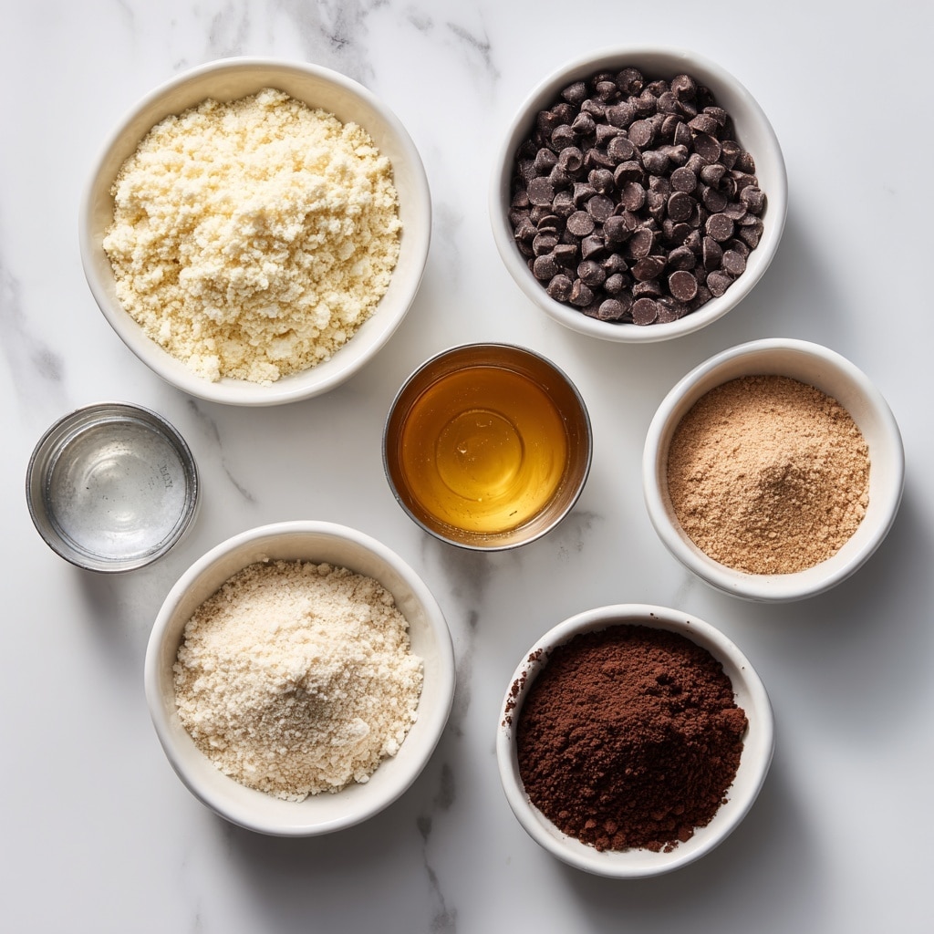 Seven white bowls are arranged on a white marbled surface, each containing a different ingredient. Starting from the top left, one bowl holds light beige almond flour with a crumbly texture. To the right, a bowl is filled with small dark brown mini chocolate chips. Below the almond flour, there is a bowl with light brown protein powder, having a fine, powdery texture. In the center, a metallic cup contains golden honey, smooth and shiny. On the top right, a bowl with clear water is visible. Below, a small bowl contains dark brown cocoa powder with a dry, fluffy texture. Next to it, a bowl holds light brown almond butter, creamy and glossy. Each bowl is neatly labeled with clear black text. photo taken with an iphone --ar 4:5 --v 7
