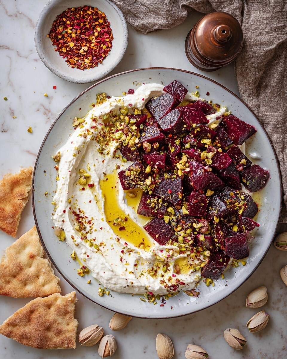 The dish shows a large white round plate on a white marbled surface, with a base layer of creamy white yogurt spread thickly and unevenly across half the plate. On the right half, there are chunky pieces of roasted dark purple-red beetroot piled, some overlapping the yogurt. Both yogurt and beetroot are sprinkled generously with crushed green pistachio nuts and red chili flakes, while a splash of golden olive oil glistens on the yogurt side. Around the plate, there are scattered whole pistachio nuts and two triangular pita bread pieces placed at the bottom left. A small white bowl filled with red chili flakes and a bronze pepper grinder sit behind the plate on the white marbled surface, with a draped light brown linen cloth nearby. photo taken with an iphone --ar 4:5 --v 7