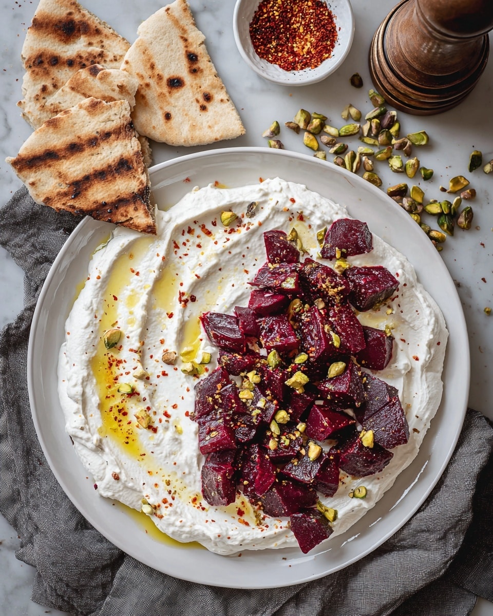 The dish consists of a large white plate filled with a thick, creamy white layer of yogurt spread unevenly. On the right side, there is a generous portion of deep red roasted beet pieces, arranged in a cluster on top of the yogurt. Scattered over the yogurt and beets are small green pistachio nuts and a drizzle of golden olive oil, with some red spice flakes sprinkled across. Around the plate, there are two pieces of grilled pita bread placed on a gray cloth, along with loose pistachios spread on the white marbled surface. In the background, a small white bowl with red crushed spices and a decorative bronze pepper grinder are visible. Photo taken with an iphone --ar 4:5 --v 7
