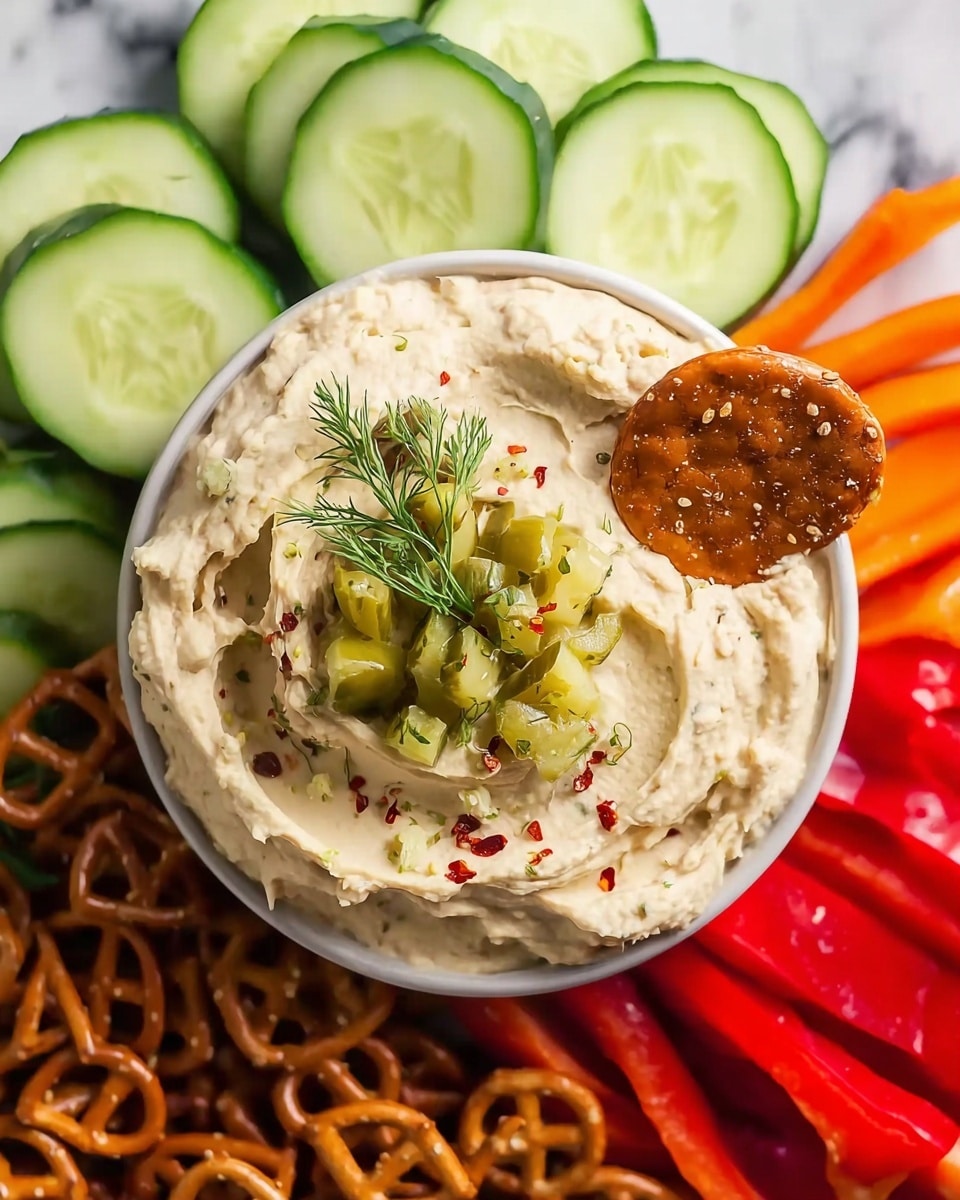 A white bowl filled with creamy, pale beige hummus spread, topped with small chopped green pickles and a fresh sprig of dill, with a sprinkle of red chili flakes visible. One large brown pretzel chip is dipped into the hummus on the right side of the bowl. Surrounding the hummus bowl are neatly arranged fresh vegetable slices and snacks: green cucumber slices in the top left, bright red bell pepper strips on the right, and brown pretzel chips on the bottom left, all resting on a white marbled surface. photo taken with an iphone --ar 4:5 --v 7