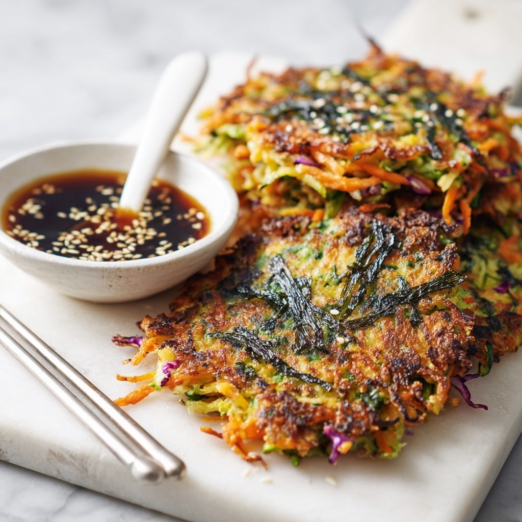 Two vegetable pancakes with golden brown, crispy edges and visible green, orange, and purple vegetable strands are placed on a white cutting board. The pancakes have charred dark green strips on top, adding texture and contrast. Next to the pancakes, there is a small white bowl filled with dark dipping sauce sprinkled with sesame seeds, with a white spoon resting inside. A pair of silver chopsticks lies on the cutting board near the pancakes. The whole setup is on a white marbled surface, giving it a clean and fresh look. photo taken with an iphone --ar 4:5 --v 7