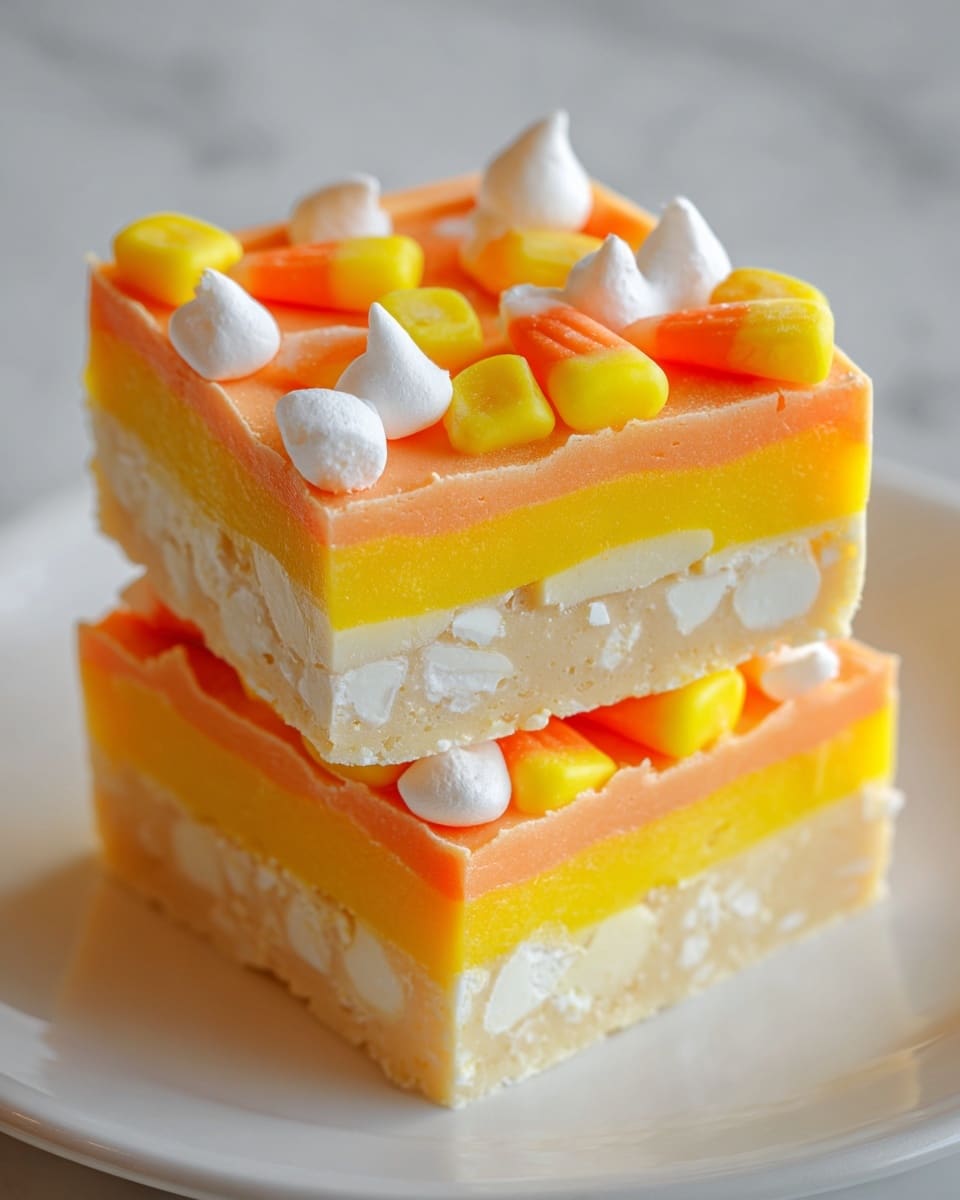 Two square pieces of layered fudge are stacked on a white plate. Each piece has four distinct layers from bottom to top: a creamy white base, a bright yellow layer with white chunks inside, a smooth orange layer, and a topping scattered with candy corn pieces that are yellow, orange, and white, along with small white meringue-like dollops. The texture looks creamy but firm, with the layers showing clean edges. The photo is taken on a white marbled surface. photo taken with an iphone --ar 4:5 --v 7