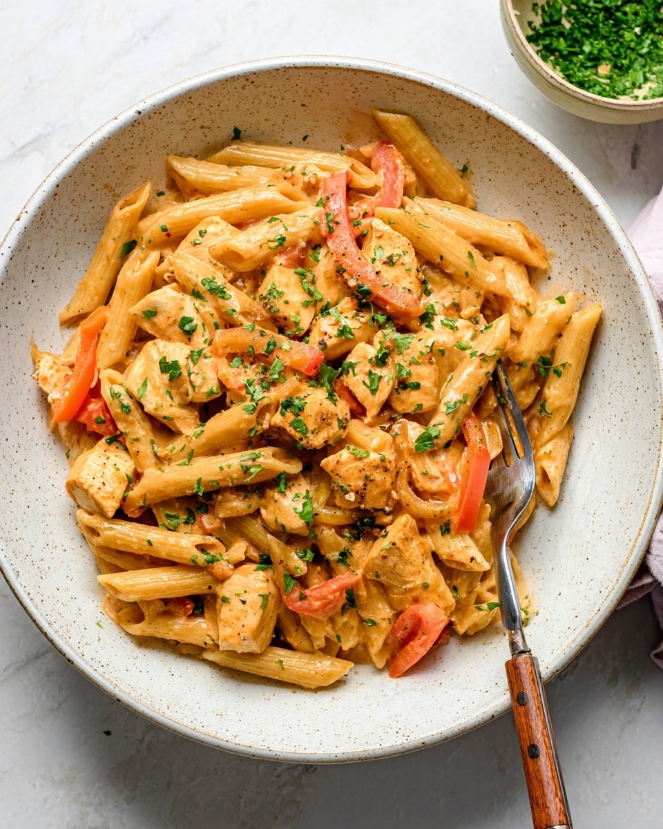 A white speckled bowl is filled with creamy penne pasta mixed with chunks of cooked chicken and slices of red and orange bell peppers. The sauce coating the pasta and chicken is light orange and smooth, with finely chopped green herbs sprinkled evenly on top. A silver fork with a wooden handle is placed inside the bowl on the right side, partially resting on the pasta. The dish sits on a white marbled surface with a small bowl of chopped herbs visible in the upper right corner of the image. Photo taken with an iphone --ar 4:5 --v 7