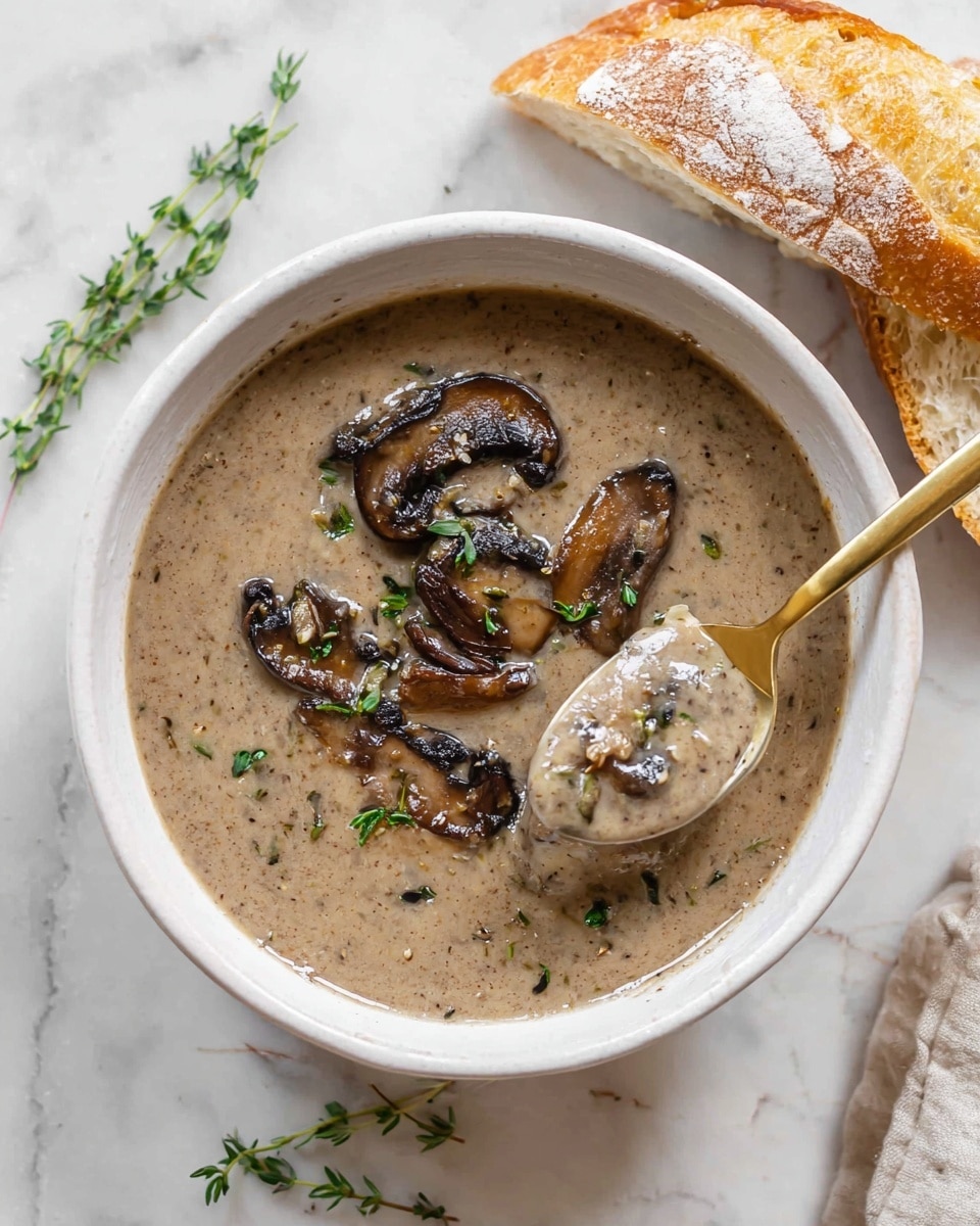 A white bowl filled with creamy mushroom soup that has a smooth brown base with visible small bits of mushrooms throughout. On top, there are several dark brown cooked mushroom slices and small green herb sprigs scattered as garnish. A gold spoon is scooping some soup, showing the thick texture and a few herbs resting on the spoon’s surface. The bowl is placed on a white marbled surface with two pieces of rustic sliced bread nearby and some fresh green herb sprigs on the side. Photo taken with an iphone --ar 4:5 --v 7
