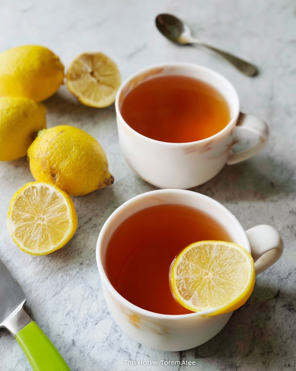 Two white marble-patterned cups filled with warm amber-brown tea are placed on a white marble textured surface. One cup is garnished with a slice of yellow lemon perched on the rim. Nearby, there are halves and whole lemons with a bright yellow color and slightly rough texture. A silver spoon lies blurred in the background on the white marble surface, and a bright green-handled knife is partially visible at the bottom left. The overall scene has a simple and fresh appearance. photo taken with an iphone --ar 4:5 --v 7