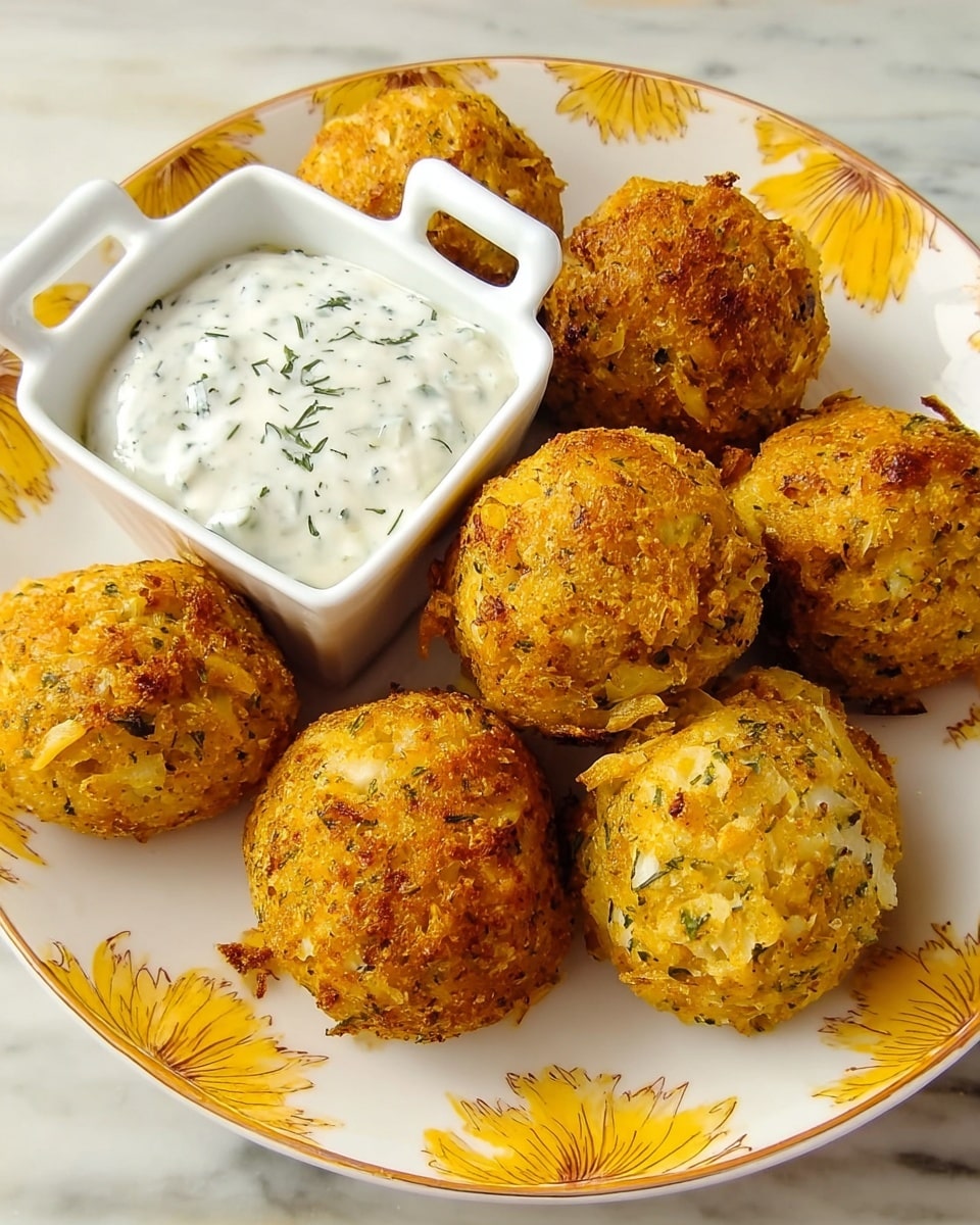 A white plate with yellow floral patterns holds seven golden brown fried balls that look crispy with visible bits of herbs and small white pieces, likely shredded vegetables or cheese, giving them a textured surface. Next to the balls is a small white rectangular bowl with two handles containing a creamy white sauce with green herb flecks. The plate is set on a white marbled surface. photo taken with an iphone --ar 4:5 --v 7
