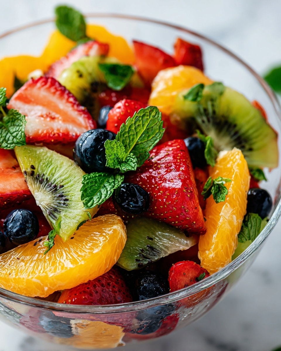 A close-up view of a clear glass bowl filled with fresh fruit salad, showing three main layers: a bottom layer of bright orange orange slices with juicy texture, a middle layer of vibrant red strawberry halves with visible seeds and moist surfaces, and a top layer of shiny dark blue blueberries and green kiwi slices with fine black seeds. Scattered across the fruit are fresh green mint leaves, adding a touch of leafy texture and color contrast. The bowl is placed on a white marbled surface, emphasizing the vivid colors of the fruit, photo taken with an iphone --ar 4:5 --v 7