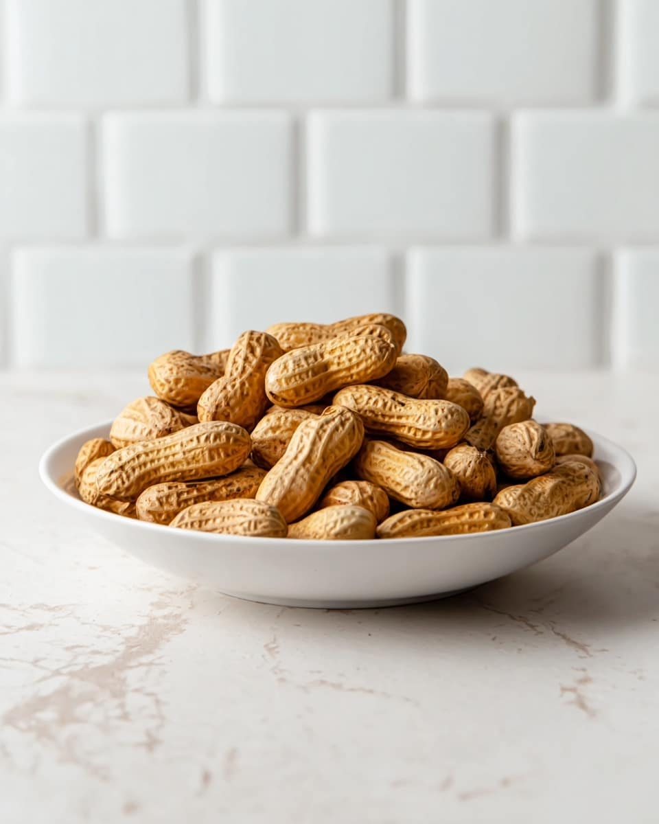 A white shallow bowl filled with a single layer of light brown roasted peanuts in shells is placed on a white marbled textured surface with a white tiled wall in the background. The peanuts have a rough, textured outer shell with a few darker roasted spots, and they are piled evenly across the bowl. The lighting highlights the natural texture and warmth of the peanuts, creating a simple and cozy food image. photo taken with an iphone --ar 4:5 --v 7