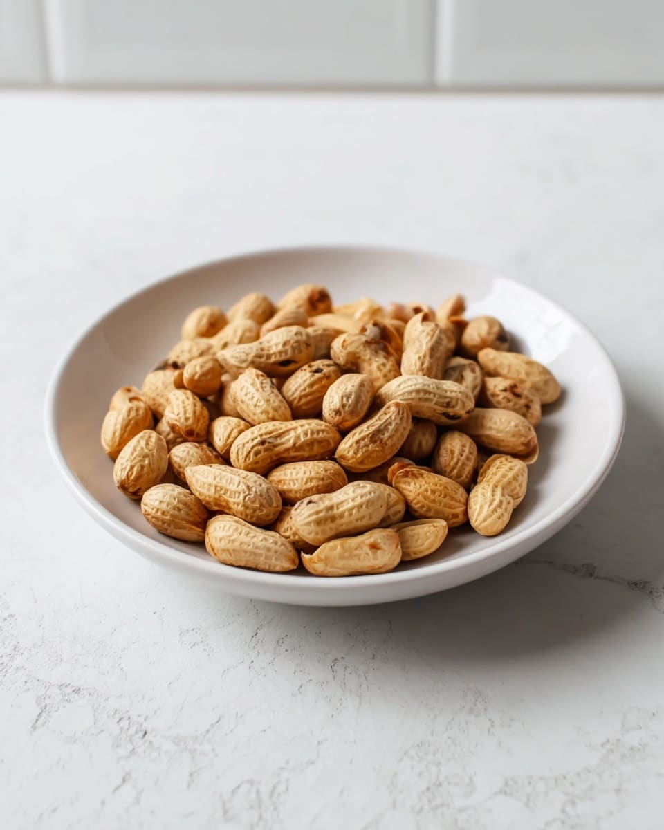 A white shallow bowl filled with a pile of whole raw peanuts in their light brown shells. The peanuts have a textured surface with natural lines and wrinkles, creating an uneven, rough appearance. The bowl rests on a white marbled surface with a subtle pattern. In the background, there is a white tiled wall with a soft shine, giving the scene a clean and simple look. The overall colors are neutral warm tones from the peanuts contrasting with the bright white bowl and surface. photo taken with an iphone --ar 4:5 --v 7