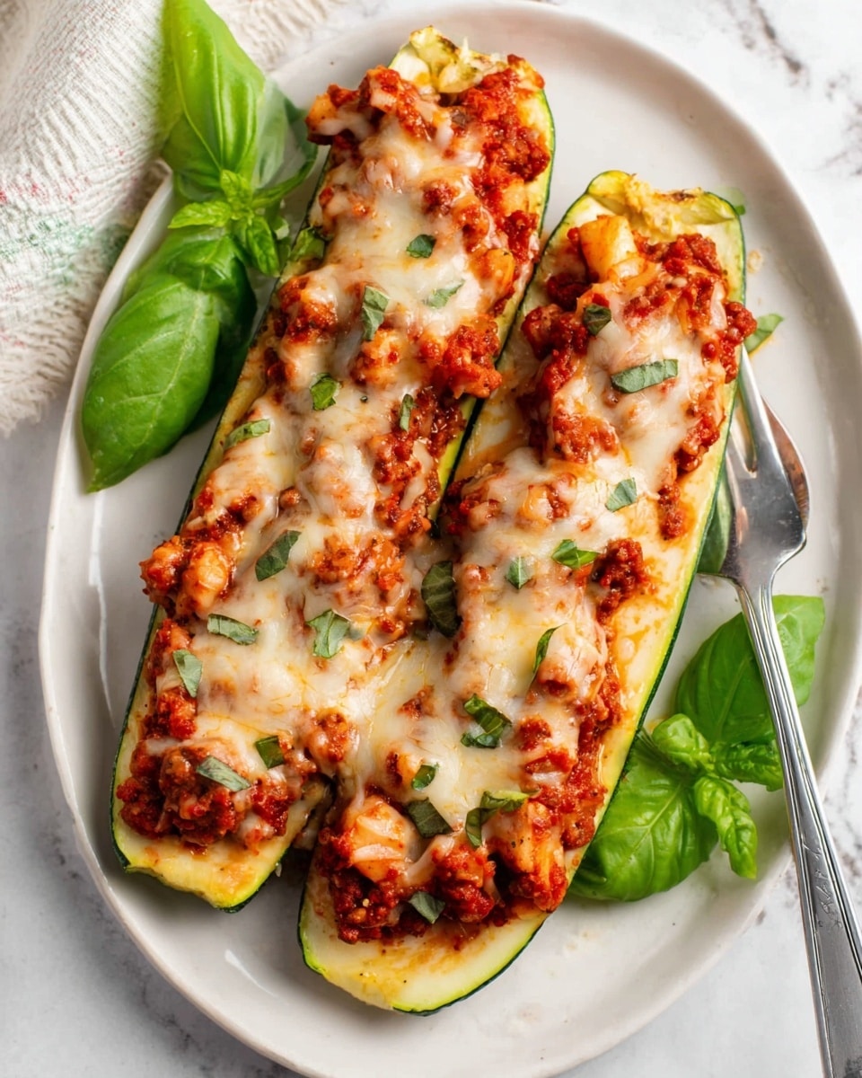 The image shows two zucchini boats placed side by side on a white oval plate, filled with a mix of crumbled cooked meat and tomato sauce that is bright red and chunky. The filling is topped with a thick layer of melted cheese that is golden and bubbly in spots, sprinkled with small green herb pieces. Fresh green basil leaves are placed beside the zucchini boats for decoration, and a silver fork sits on the right edge of the plate. The scene is set on a white marbled textured surface. photo taken with an iphone --ar 4:5 --v 7