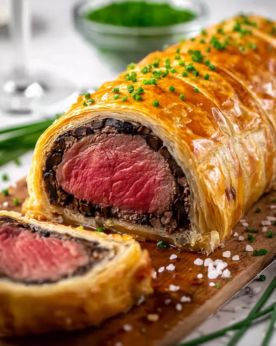 The dish shows a Beef Wellington with three clear layers: the inside is a thick piece of pink, juicy beef in the center; around the beef is a thin dark layer of finely chopped mushrooms and seasoning; the outside is a golden brown puff pastry that looks crispy and flaky, sprinkled with small green chives on top. The Beef Wellington rests on a wooden board with coarse salt and chives scattered around it, with a blurred glass bowl of green herbs in the background, all placed on a white marbled surface. Photo taken with an iphone --ar 4:5 --v 7