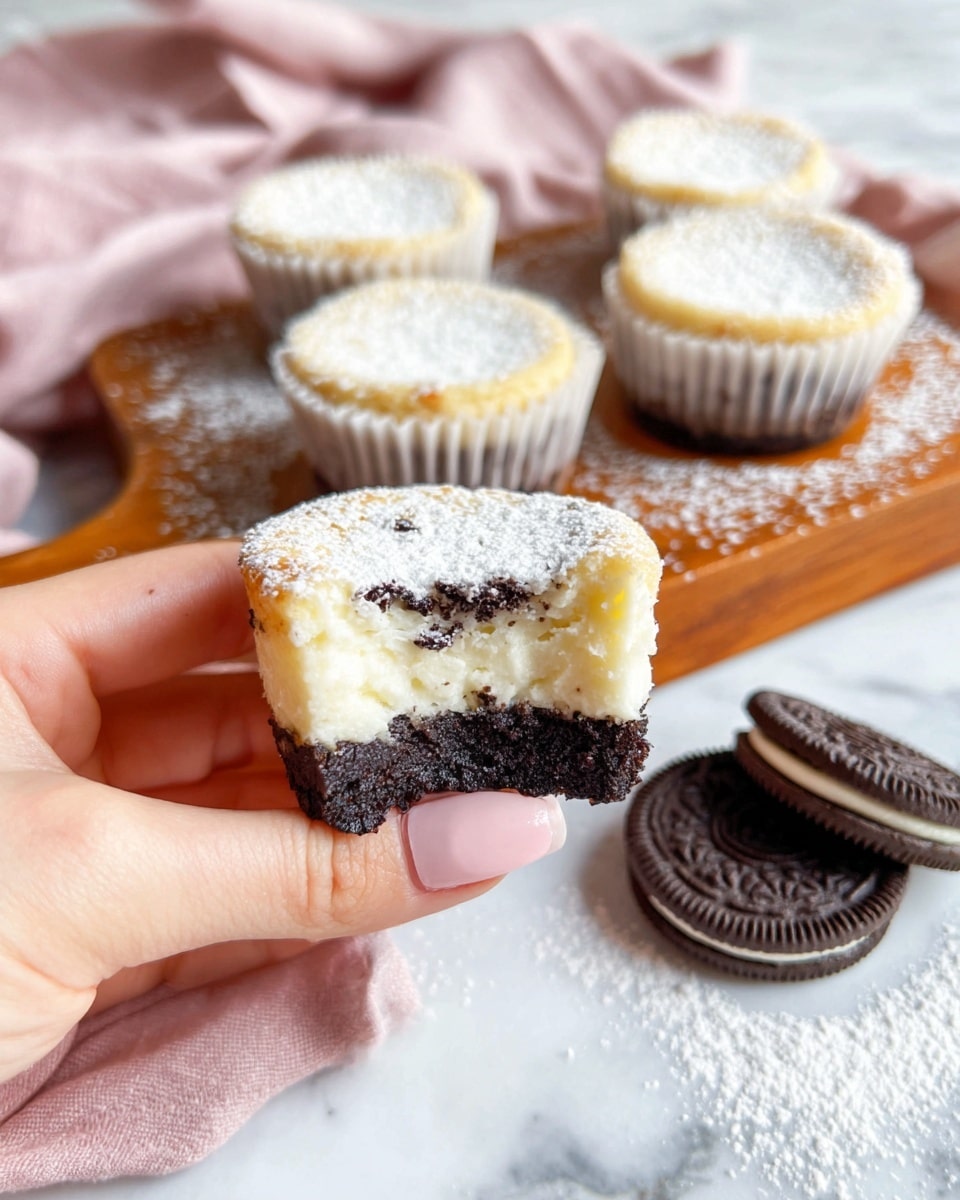 A close-up of a woman's hand holding a small dessert with three visible layers: a dark chocolate cookie base, a thin sandwich cream layer, and a thick creamy white cheesecake top layer dusted lightly with powdered sugar. In the background, four more cheesecake desserts sit in white paper liners on a brown wooden board lightly sprinkled with powdered sugar, resting on a pale pink cloth on a white marbled surface. Three whole dark chocolate sandwich cookies are also on the marbled surface nearby. Photo taken with an iphone --ar 4:5 --v 7
