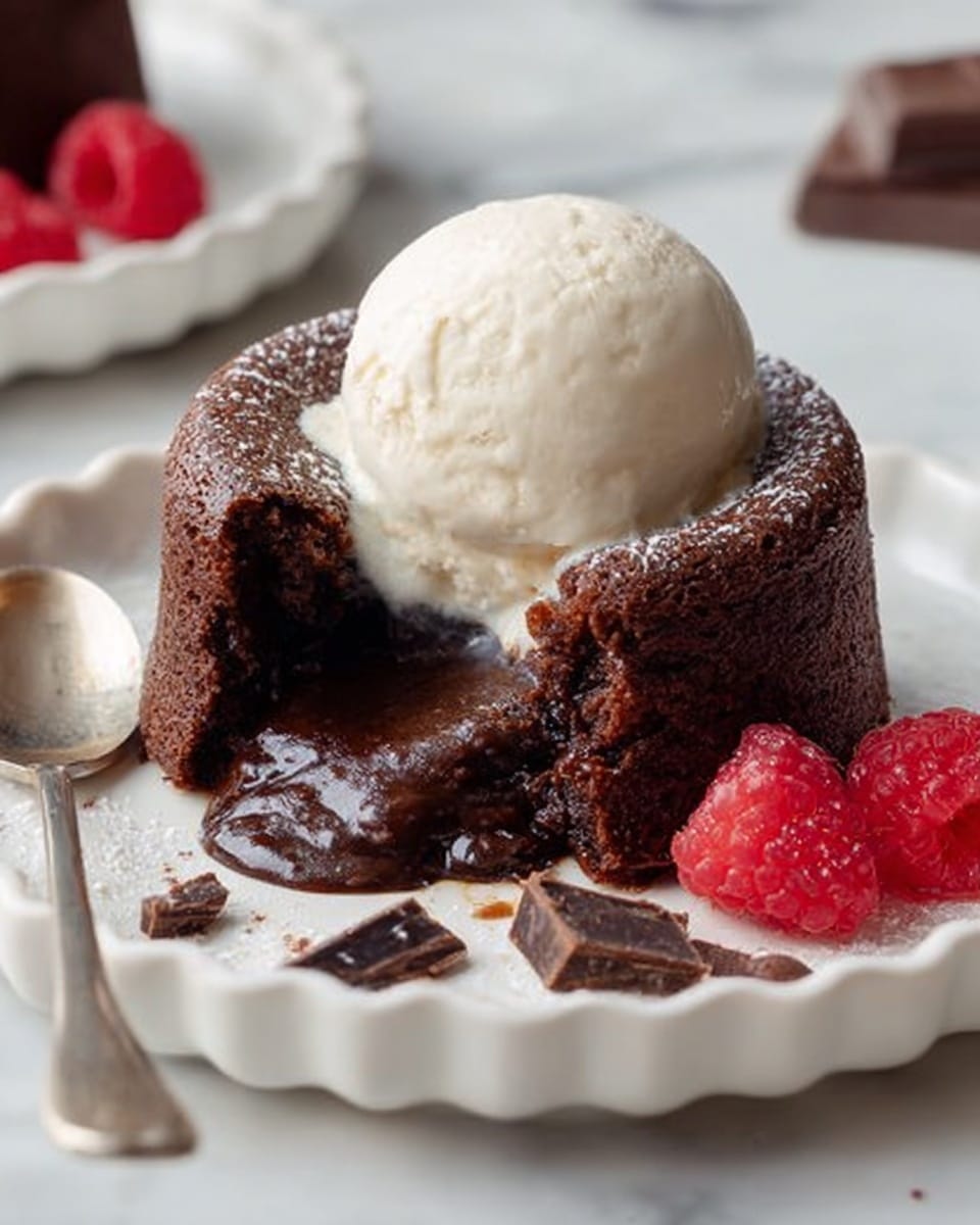 A warm chocolate lava cake sits on a white scalloped-edge plate placed on a white marbled surface. The cake is rich dark brown with a moist, soft texture, and the middle is open, revealing gooey, melted chocolate flowing out. On top of the cake is a smooth, rounded scoop of vanilla ice cream, creamy off-white in color. Next to the cake, two bright red raspberries add a pop of color, and small pieces of dark chocolate lay scattered nearby. A silver spoon rests on the left side of the plate. The photo taken with an iphone --ar 4:5 --v 7