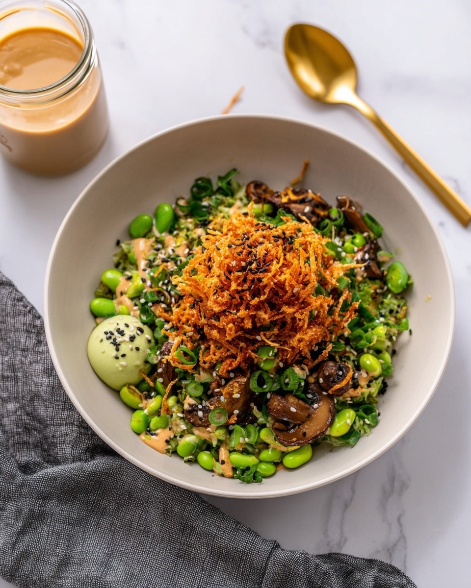 A white bowl held by a woman's hands contains a mixed salad with three main visible layers: the bottom layer has bright green edamame beans and chopped cucumber pieces with fresh green skin, the middle layer features thin, tender, light brown mushrooms scattered throughout, and the top layer includes chopped green onions adding a fresh green color and slight texture contrast, all mixed together to form a colorful, fresh, and textured dish. The bowl rests on a white marbled texture surface with a dark gray cloth nearby and golden spoon and fork placed on the cloth. Photo taken with an iphone --ar 4:5 --v 7