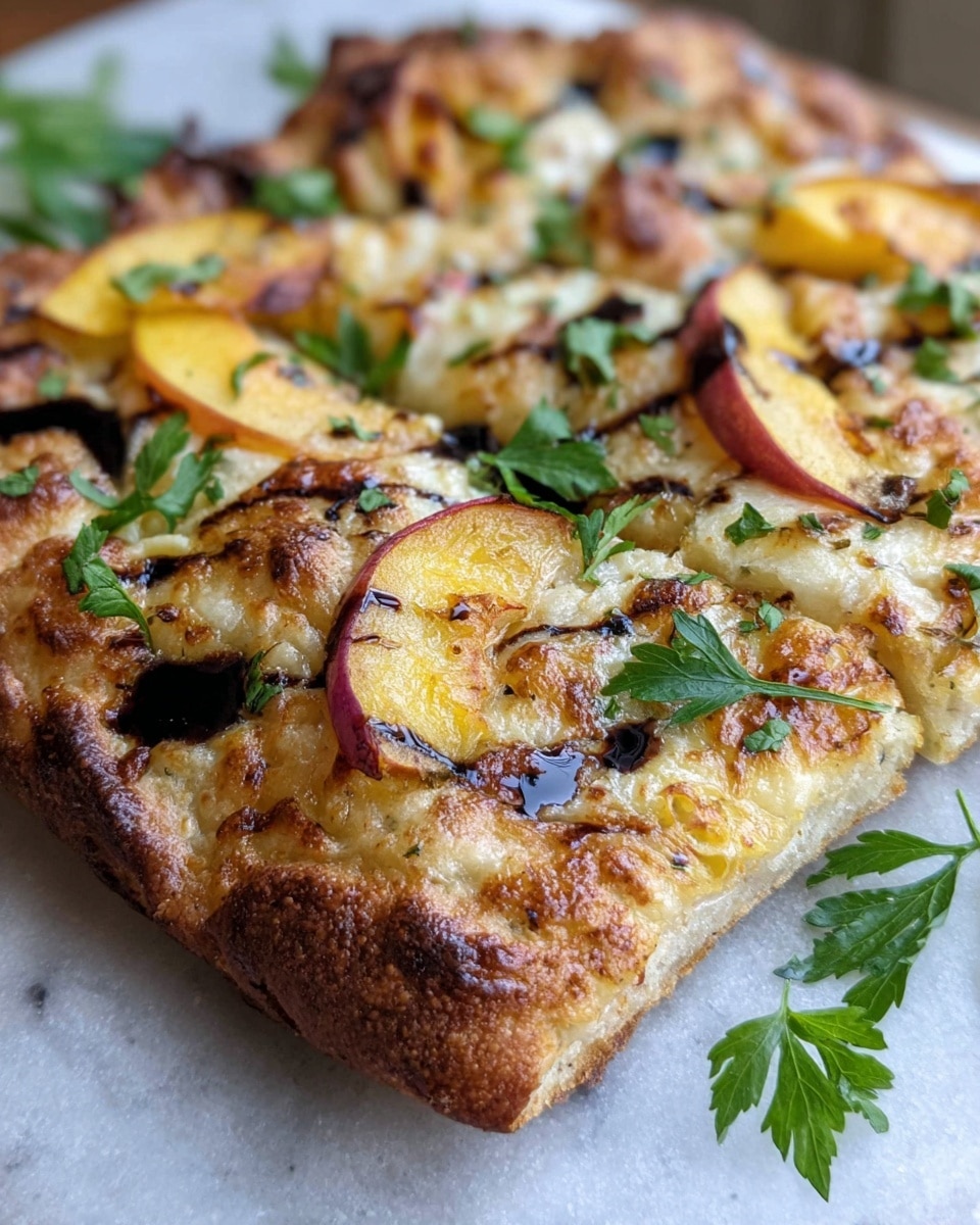 A close-up of a golden-brown baked flatbread showing a crispy, bubbly cheese layer with toasted spots on top. Thin slices of yellow and red peaches are spread over the surface, slightly roasted around the edges. Small dollops of dark balsamic glaze are scattered lightly across the flatbread adding contrast. Fresh green parsley leaves are placed on top as a fresh garnish, giving a pop of bright color against the warm tones of the bread and fruit. The flatbread edges are puffed and crisp, resting on a white marbled surface with a few loose parsley leaves nearby. photo taken with an iphone --ar 4:5 --v 7