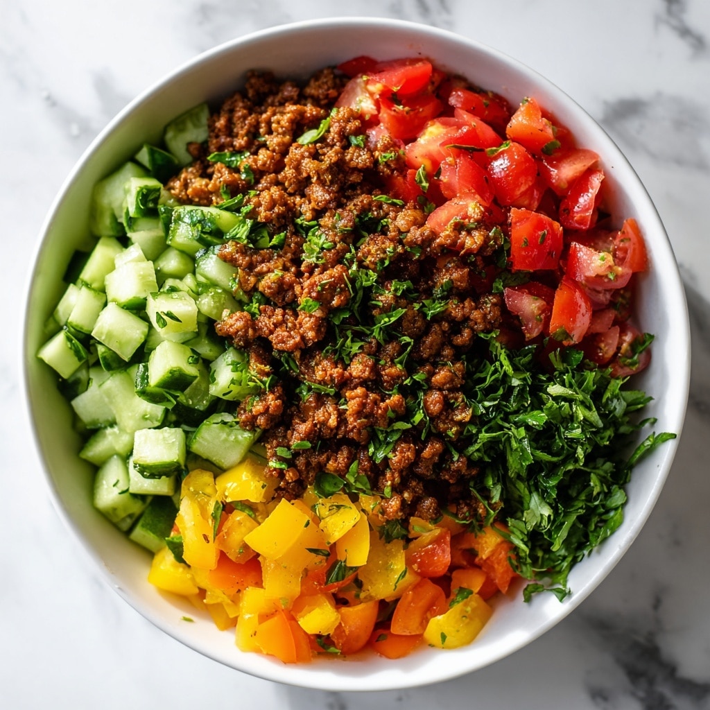 A close-up view of a white bowl filled with a colorful quinoa salad, layered with small pieces of orange bell pepper, red tomato chunks, green cucumber cubes, and cooked quinoa grains mixing all colors evenly. The textures show the soft tomatoes, crunchy cucumbers, and fluffy quinoa, with tiny bits of green herbs scattered on top. The bowl sits on a white marbled surface, and the photo is taken with an iphone --ar 4:5 --v 7