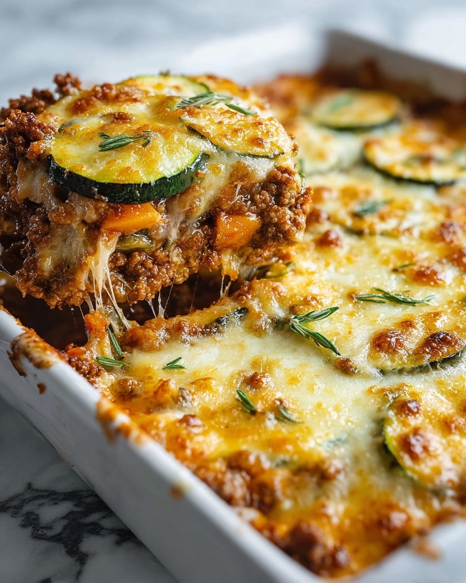 A close-up of a layered casserole in a white square baking dish on a white marbled surface. The dish shows several layers starting with a browned ground meat layer mixed with small carrot pieces at the bottom, followed by thin round slices of green zucchini, and topped with melted golden-brown cheese with bubbly, textured patches. Some green herb sprigs are placed on top for garnish. A slice is being lifted, showing gooey, stretchy melted cheese connecting the slice to the rest of the casserole. Photo taken with an iphone --ar 4:5 --v 7