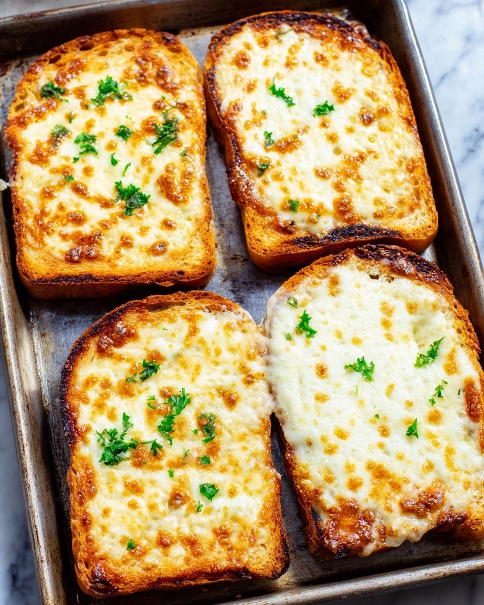 Four slices of toasted Texas bread are placed side by side on a dark metal tray, each topped with melted golden and white bubbly cheese that covers most of the surface. The cheese has browned spots showing a crispy texture, and small green herb bits are scattered on top, adding a fresh look. The thick bread has a toasted light brown crust with a soft center visible under the cheese. The background is replaced with a white marbled texture. photo taken with an iphone --ar 4:5 --v 7