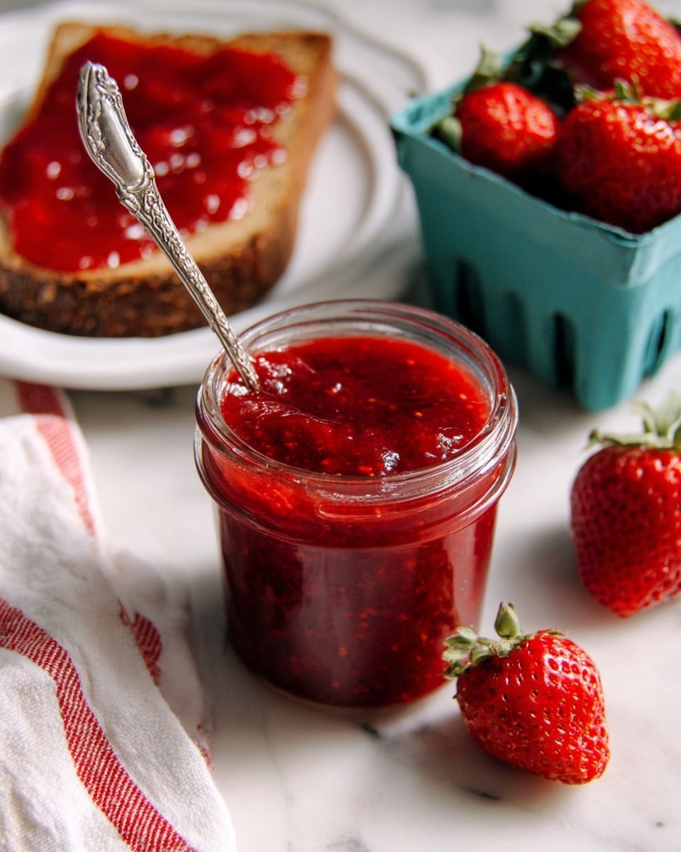 A clear glass jar filled with bright red, chunky strawberry jam sits in the center, with a detailed silver spoon inside. Behind the jar, there is a white plate holding a slice of bread spread thickly with the same red jam. To the right, a blue carton holds fresh whole strawberries, with two strawberries placed on the surface nearby. The jam has a glossy, textured look, showing bits of strawberry, and the bread has a rough, brown crust. A white cloth with red stripes is casually placed on the white marbled surface near the jar. Photo taken with an iphone --ar 4:5 --v 7