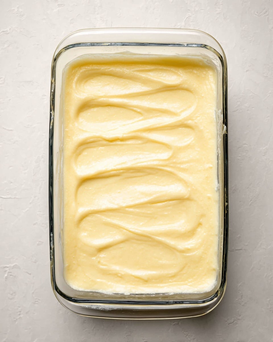 A clear glass rectangular baking dish filled with one thick layer of smooth, creamy pale yellow custard that is evenly spread and shows visible thin swirls and tiny specks of vanilla. The dish sits on a white marbled textured surface. photo taken with an iphone --ar 4:5 --v 7