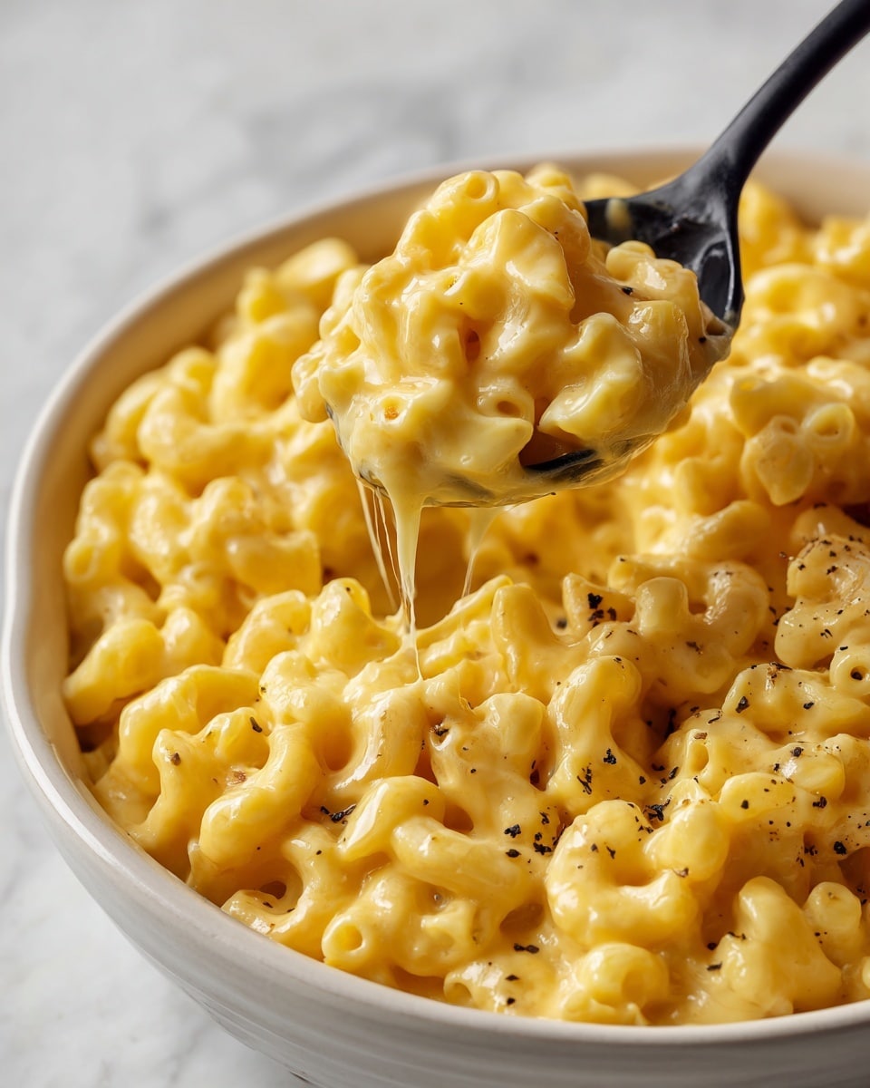 The image shows a close-up of a black pan filled with creamy macaroni and cheese. The dish has one visible layer of elbow macaroni pasta, coated evenly in a thick, smooth cheese sauce that is light yellow and shiny, with small specks of black pepper scattered on top. The macaroni pieces are plump and well-defined, with cheese pulling slightly between them. The background has a white marbled texture, adding a clean and simple look to the image. Photo taken with an iphone --ar 4:5 --v 7