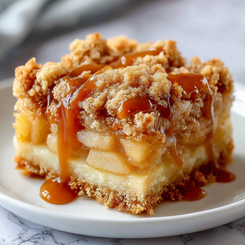 A close-up image of a square piece of crumb-topped dessert on a white plate with a thin brown rim, placed on a white marbled surface. The dessert has three visible layers: a bottom layer of golden brown crust that looks firm and crumbly, a thick middle layer of soft, creamy light beige filling with slices of fruit inside, and a top layer of golden-brown streusel crumb topping with a coarse, crunchy texture spread unevenly across the surface. The lighting highlights the moist shine of the middle layer and the rough texture of the crumb topping. Photo taken with an iphone --ar 4:5 --v 7