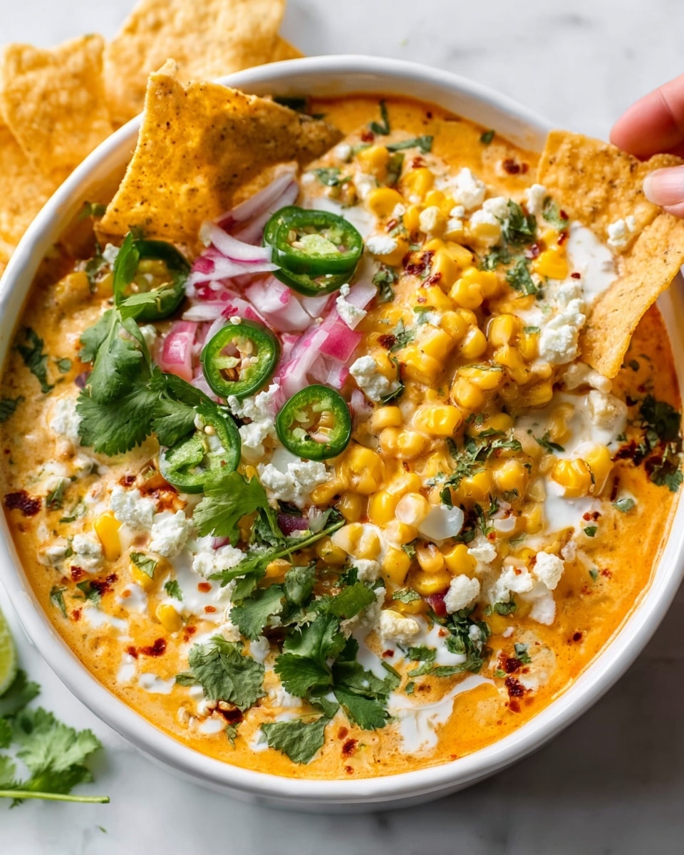 A white bowl filled with a creamy orange sauce layered on the bottom, topped with bright yellow corn kernels mixed with small pieces of red onion and green jalapeño slices, scattered white crumbly cheese covering part of the dish, and fresh green cilantro leaves with some tortilla chips placed on the edge of the bowl. A woman’s hand is holding a tortilla chip dipped in the sauce. The bowl sits on a white marbled surface. Photo taken with an iphone --ar 4:5 --v 7