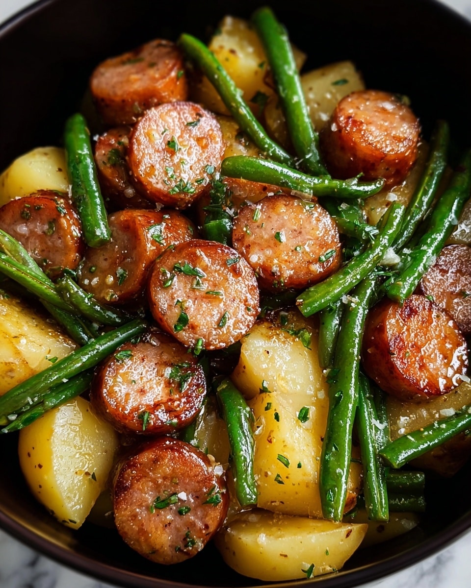 A close-up of a black bowl filled with a cooked dish showing three main layers: golden-brown sausage slices with a glistening, slightly crispy texture, scattered evenly on top; bright green beans that look tender and fresh, spread throughout; and soft, cooked yellow potatoes cut into chunks, forming the base layer. The entire dish is sprinkled with small bits of green herbs and coarse salt, with a light shine of oil covering the ingredients. The background is a white marbled texture. photo taken with an iphone --ar 4:5 --v 7