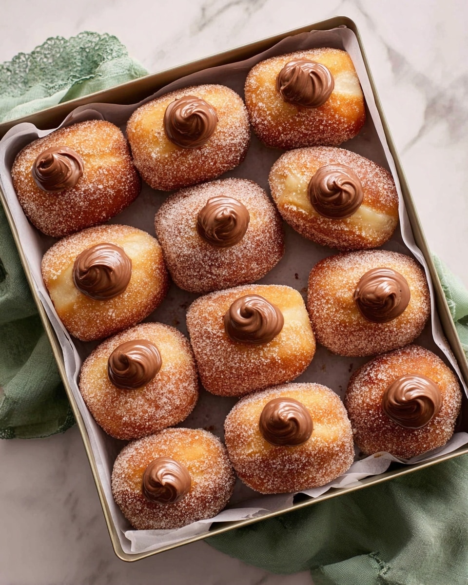 A square baking tray filled with twelve round doughnuts arranged in close rows, each doughnut coated evenly with sugar crystals giving a sparkling effect to the golden-brown outer layer. In the center of each doughnut’s top surface is a small swirl of rich, shiny chocolate cream, creating a smooth, dark brown contrast against the textured sugar coating. The doughnuts rest on white parchment paper lining the tray, which sits on a soft, green cloth over a white marbled surface, giving a clean and warm kitchen feel. Photo taken with an iphone --ar 4:5 --v 7