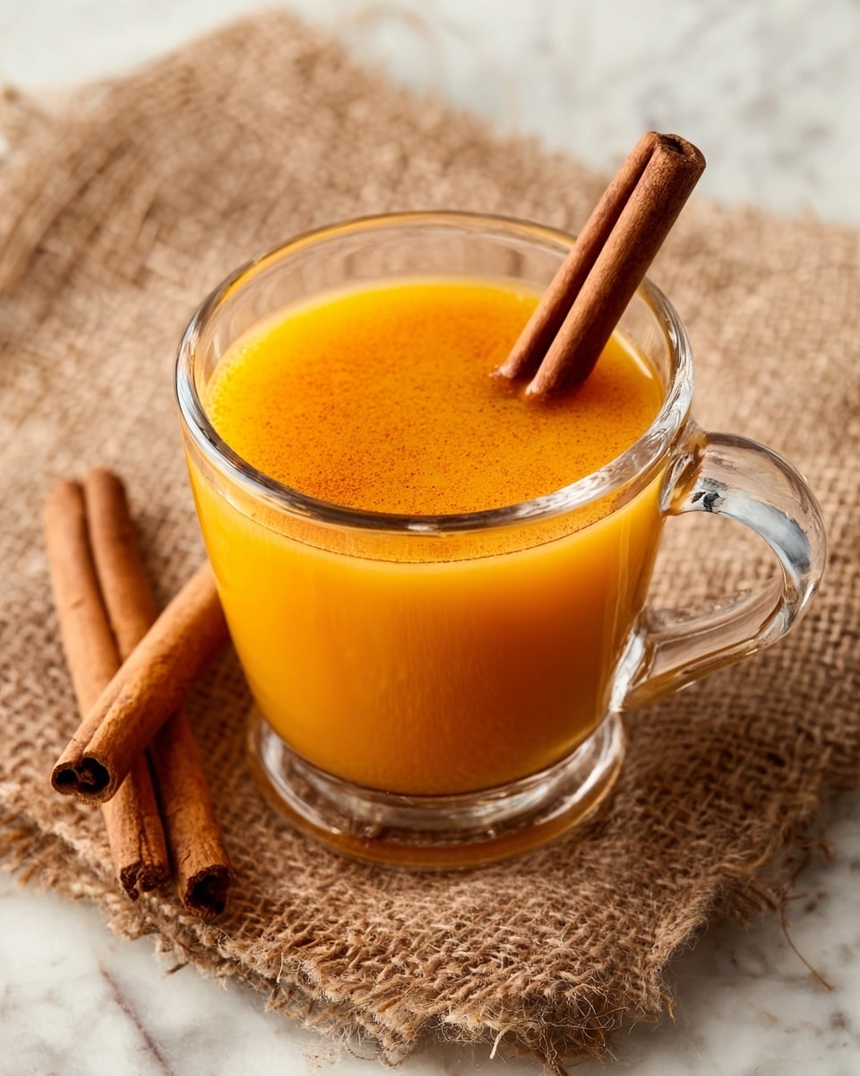A clear glass cup filled with a bright orange drink, smooth and creamy in texture, is placed on a rough burlap cloth on a white marbled surface. A cinnamon stick is partially dipped into the drink, resting inside the cup at an angle, with another cinnamon stick lying diagonally nearby on the cloth. The drink's top surface is shiny, reflecting light softly, and the handle of the glass cup is visible on the right side. photo taken with an iphone --ar 4:5 --v 7