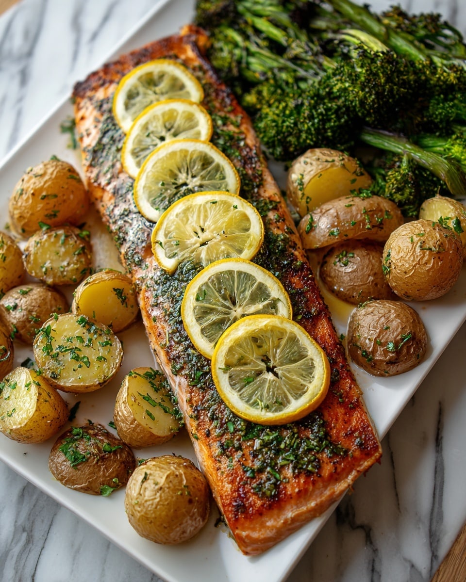 A rectangular white plate holds a cooked salmon fillet in the center, topped with three thin lemon slices arranged evenly along its length. The salmon has a crispy, golden-brown skin with green herb seasoning spread across the top. Surrounding the salmon are small roasted potatoes, some whole and some cut in half, showing a light golden, slightly browned texture with scattered bits of green herbs. At the back of the plate, there is a serving of roasted broccoli with dark green florets and bright green stems, adding a fresh and vibrant contrast. The plate is placed on a white marbled surface. photo taken with an iphone --ar 4:5 --v 7