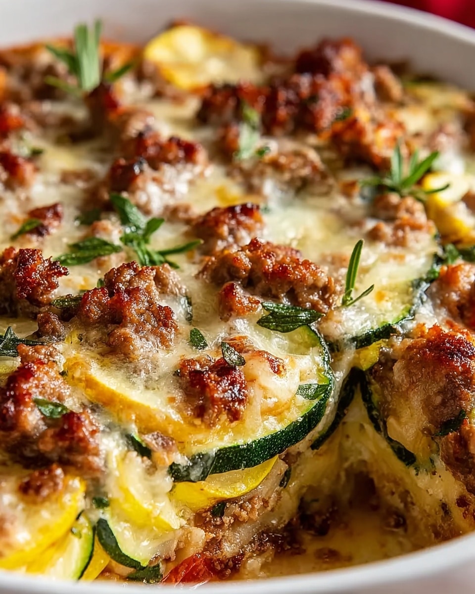 The dish is a thick square piece of layered casserole with a top layer of golden-brown melted cheese sprinkled with small bits of green herbs. Below the cheese is a creamy white sauce layer with small green zucchini slices. Inside the middle layer, there is cooked ground meat mixed with cheese, giving a crumbly texture and light brown color. More zucchini slices and cheese layers alternate in the slice, all held together by the melted cheese and creamy sauce. The casserole is served on a white plate with a silver fork resting next to it, all placed on a white marbled surface. Photo taken with an iphone --ar 4:5 --v 7