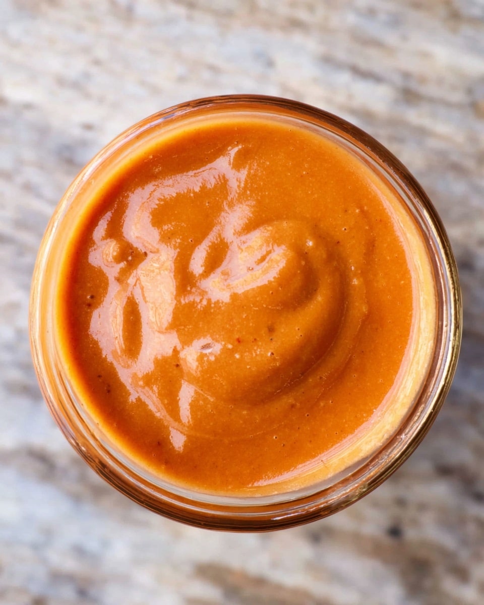 A close-up top view of a clear glass filled with a smooth, thick orange sauce or soup that has a glossy, slightly swirled texture on the surface. The glass is placed on a white marbled texture surface. photo taken with an iphone --ar 4:5 --v 7