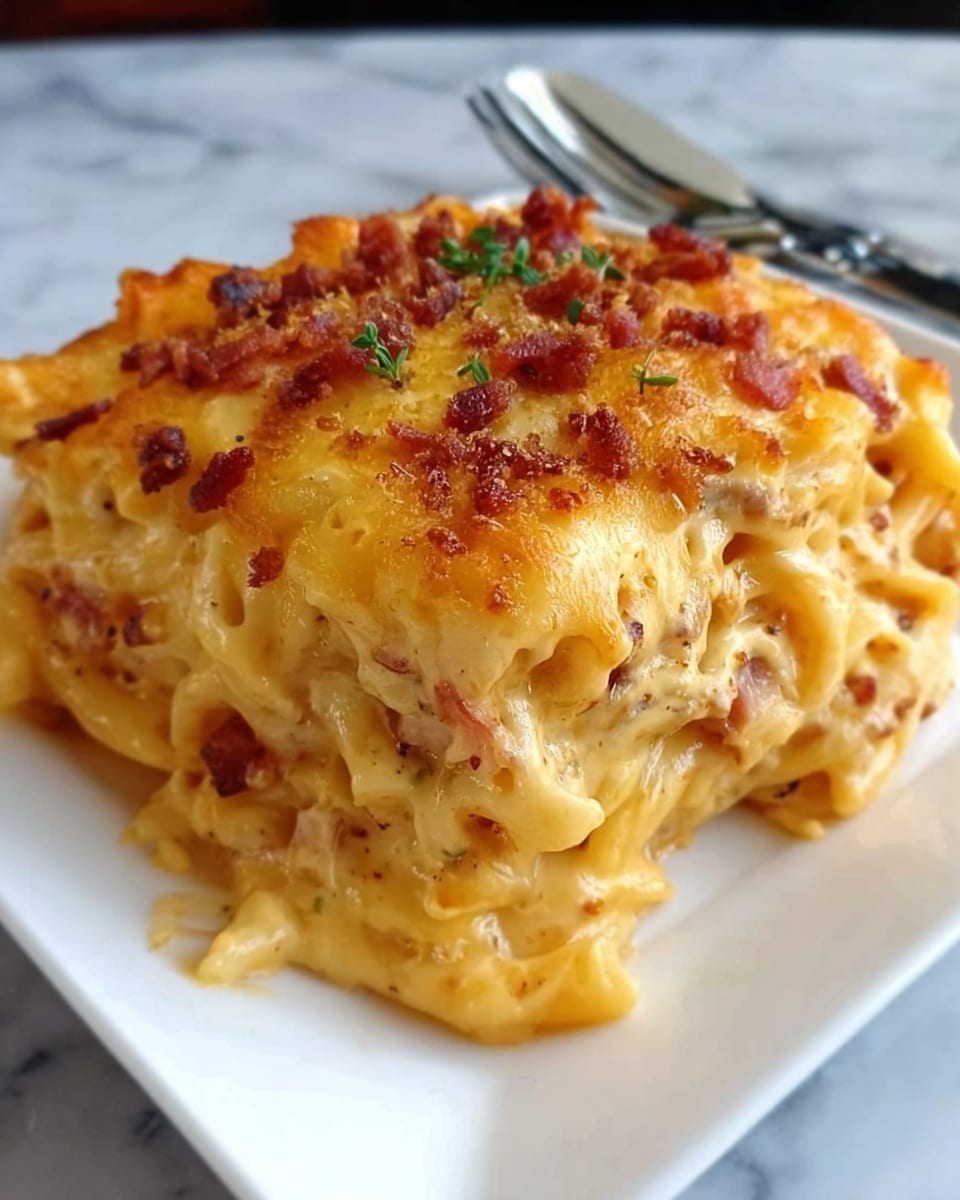 The dish is a thick, creamy macaroni and cheese bake served on a white plate. It has multiple layers with the bottom showing pasta covered in a rich, slightly browned cheese sauce. The top layer is a melted golden cheese crust with small bits of crispy bacon or fried onions sprinkled all over. The texture is gooey and stretchy, with some cheese strings pulling away on the sides. The overall color is a mix of light yellow and deep golden orange from the melted cheese. The plate sits on a white marbled surface. photo taken with an iphone --ar 4:5 --v 7