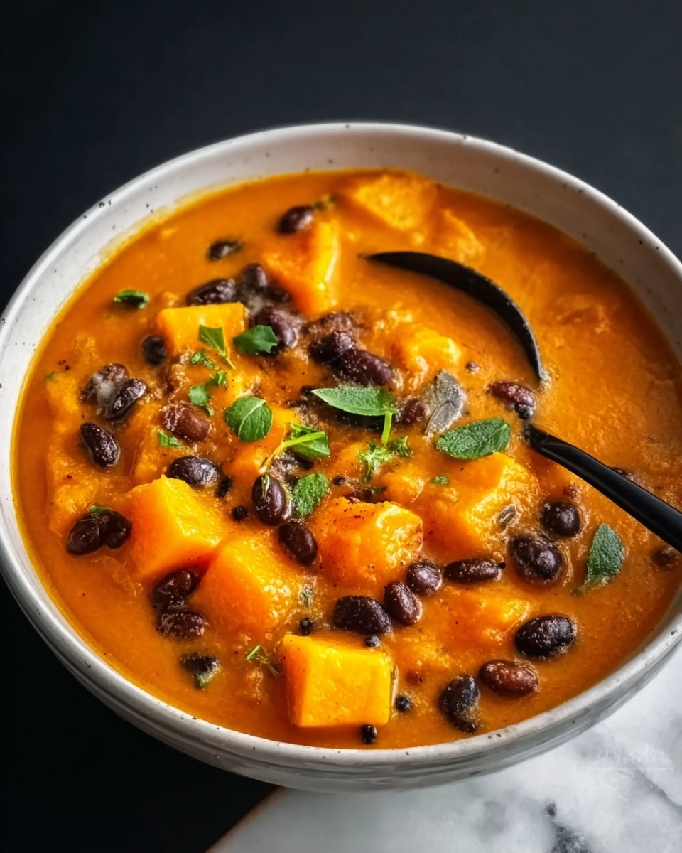 A white bowl filled with a thick orange soup containing large, soft-looking orange chunks, likely squash or sweet potato, and black beans scattered throughout. Small green herb leaves float on top, adding a fresh touch, and a black spoon rests inside the bowl, slightly submerged in the soup. The background is a white marbled surface. Photo taken with an iphone --ar 4:5 --v 7