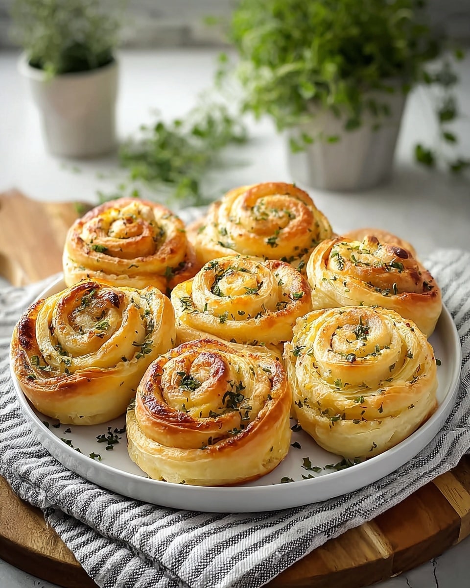 A white plate holds seven golden-brown spiral rolls, each with visible layers of soft dough swirled tightly. The outer edges of the rolls have a light crispy crust, while the inner layers look fluffy and tender. Small green herb flecks are scattered over the tops, adding a fresh look. The plate sits on a striped cloth on a wooden board, with some green herbs blurred in the background, all set on a white marbled textured surface. photo taken with an iphone --ar 4:5 --v 7