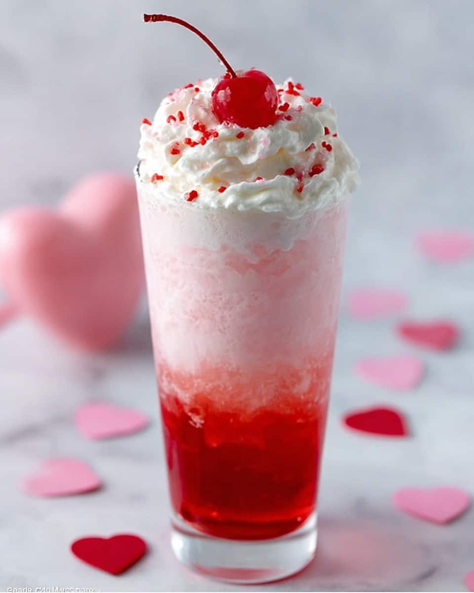 The image shows a tall clear glass filled with a layered pink and red drink. At the bottom is a bright red layer with a translucent texture, topped by a light pink, milky layer filling the middle part of the glass. Above this is a thick, white whipped cream layer forming a fluffy crown at the top. The whipped cream is decorated with small red heart-shaped sprinkles and crowned with a shiny red cherry with a stem. The glass is placed on a white marbled surface with soft-focus light pink and white heart-shaped confetti scattered around. Photo taken with an iphone --ar 4:5 --v 7