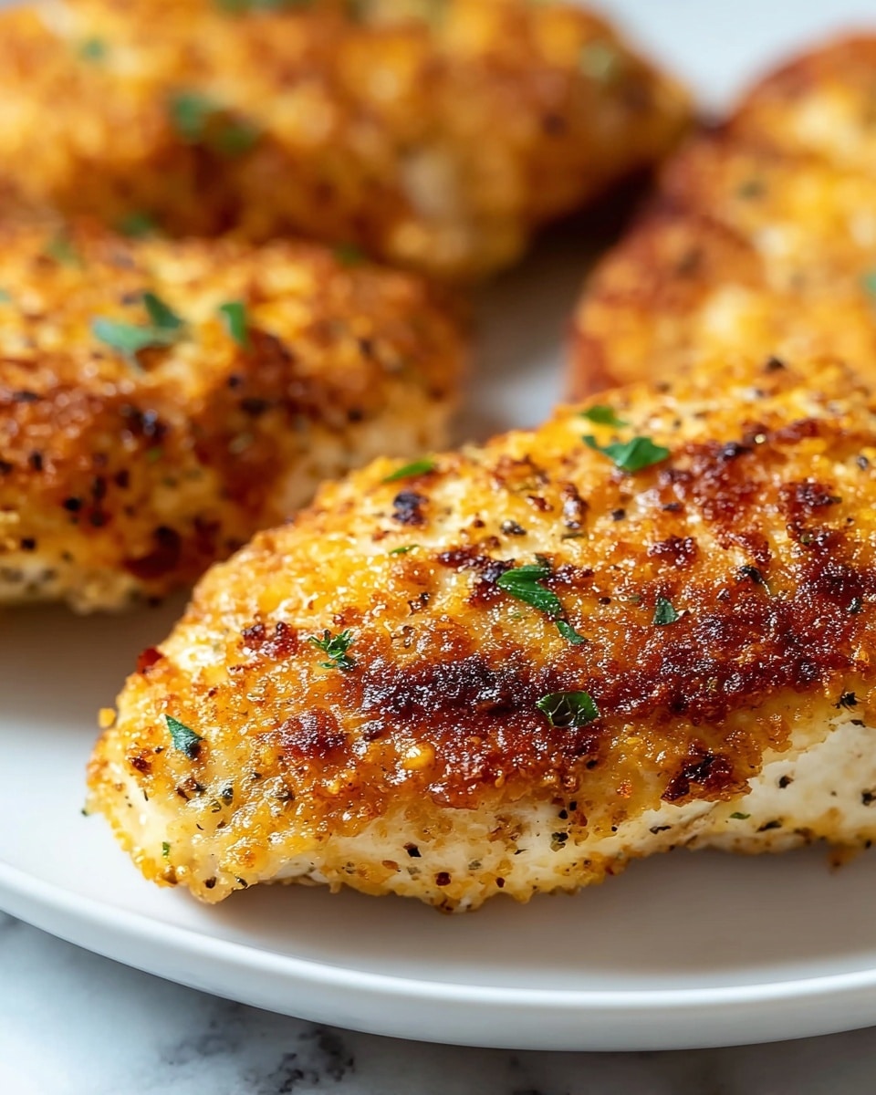 The image shows several pieces of golden-brown baked chicken breasts close up. Each piece has a crispy top layer with a mix of light brown, golden, and slightly charred spots. The texture looks crumbly and seasoned with small bits of herbs and spices scattered on top and around. The chicken pieces are arranged close together in a baking tray that has a smooth, slightly shiny surface catching the light. Small green herb leaves add a touch of color contrast to the warm tones of the chicken. The photo focuses tightly on the chicken, showing the details of the crust and seasoning clearly. Photo taken with an iphone --ar 4:5 --v 7