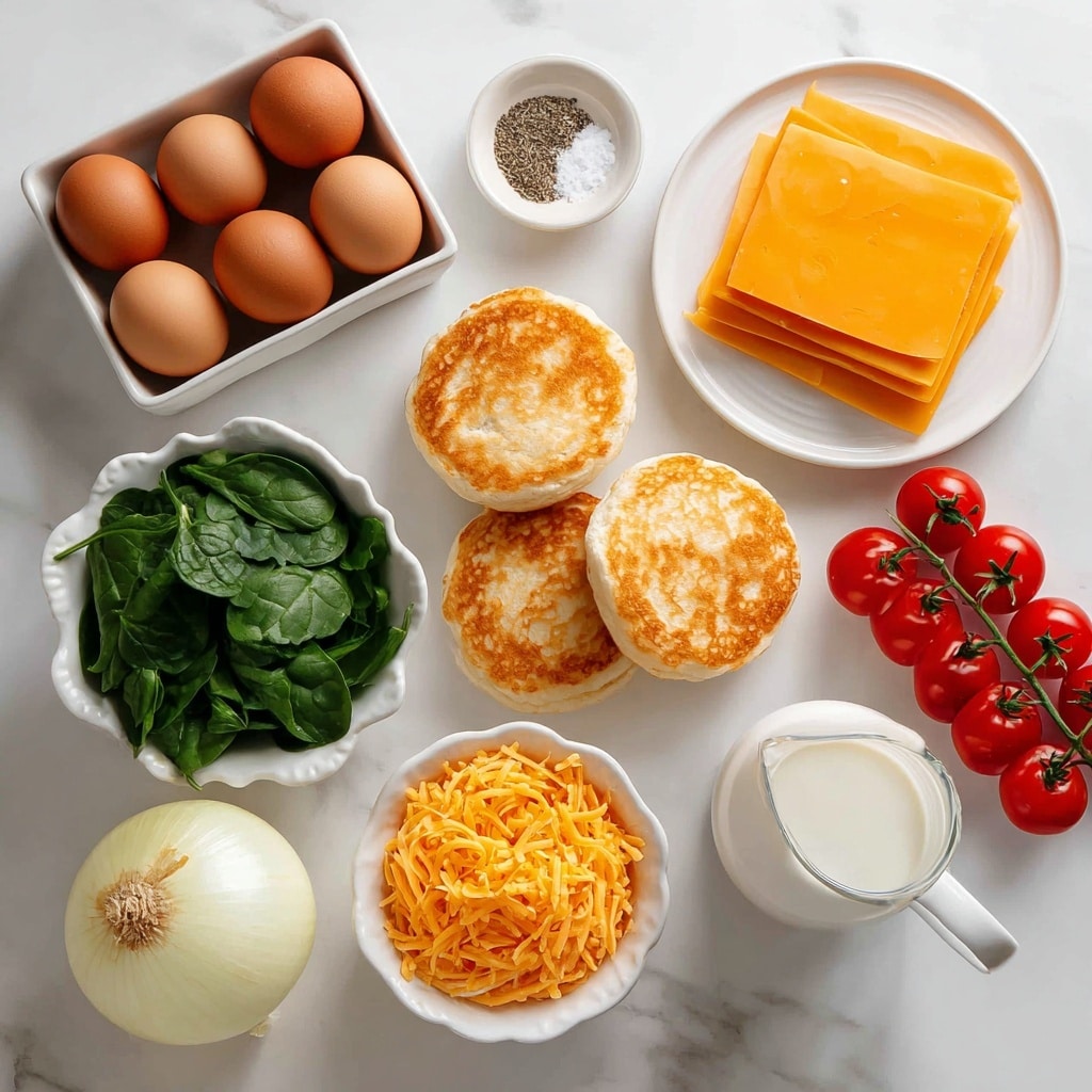 The image shows ingredients for a dish arranged on a white marbled surface. There is a white square bowl filled with eight brown eggs on the top left. To the right, there is a white round plate stacked with several bright orange cheddar cheese slices. Below the cheese, there are three toasted English muffins with a light brown top crust, placed in a small stack. Near the center left, a white fluted bowl holds fresh green spinach leaves. On the bottom left is half of a yellow onion with its skin still on. In the bottom center, a small white bowl contains shredded cheddar cheese in rich orange color. Below the onion and shredded cheese, a small white dish holds a mix of salt and black pepper. On the bottom right, there is a small glass jug filled with white milk. Near the middle right, a bunch of red cherry tomatoes on a green vine adds a pop of color. All items are neatly spaced and brightly lit with clear details. Photo taken with an iphone --ar 4:5 --v 7