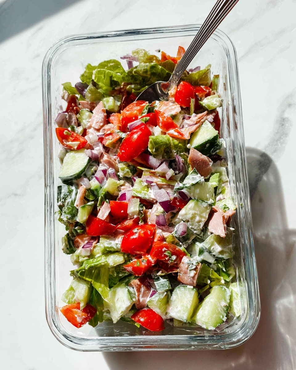 The image shows a clear rectangular dish filled with a fresh mixed salad that has many small, colorful pieces. There are three main layers: a base layer of torn green lettuce leaves with a slightly rough texture, a middle layer of diced cucumbers with dark green skin and pale green flesh, and a top layer composed of chopped red onions, bright red cherry tomatoes, and pale pink turkey or ham pieces. The salad is coated lightly in a white creamy dressing. A silver fork is partially inserted at the top center of the dish. The dish sits on a white marbled surface with soft natural light casting faint shadows. photo taken with an iphone --ar 4:5 --v 7