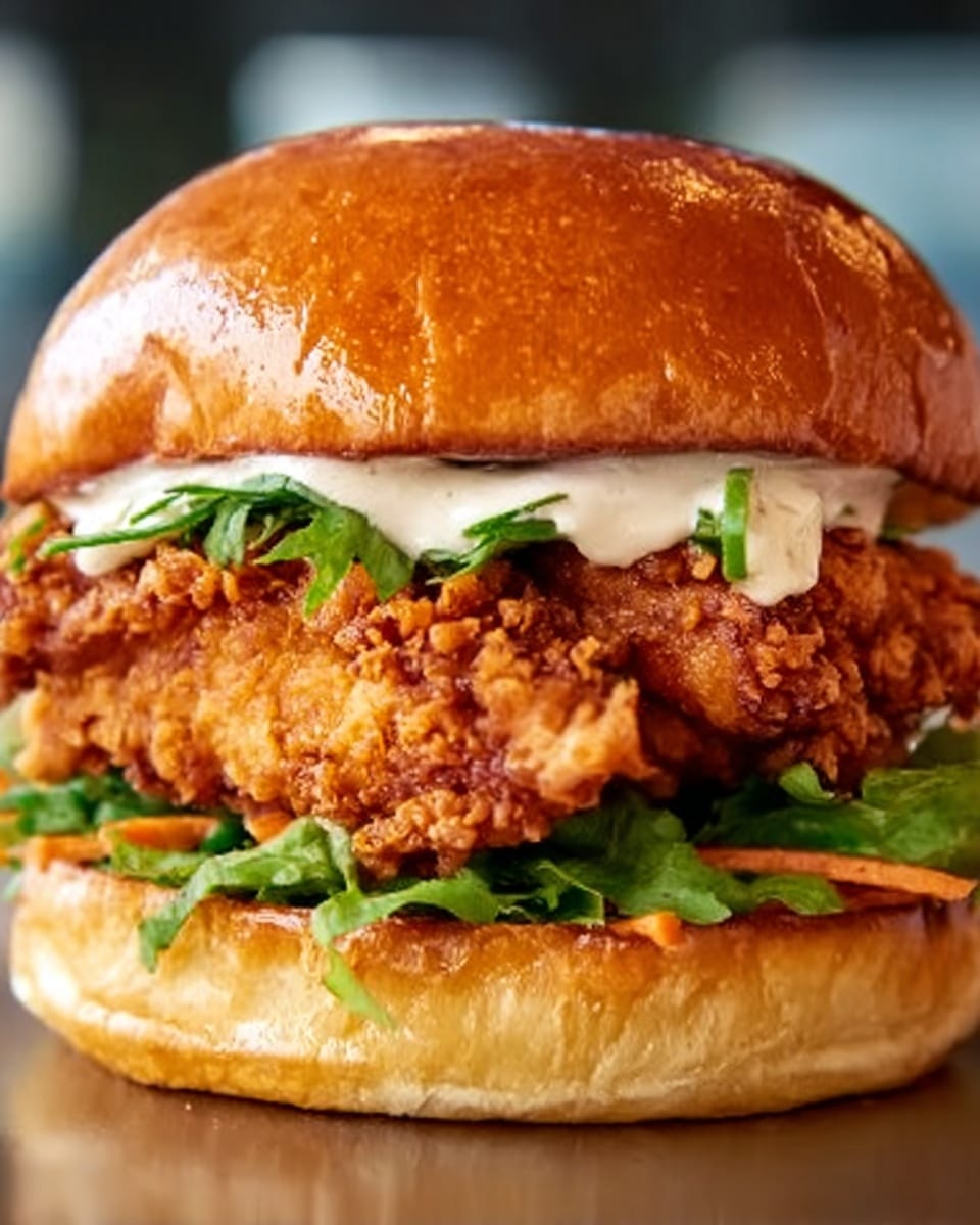 The image shows a close-up of a fried chicken sandwich with five visible layers. The bottom layer is a shiny, toasted white bun with a soft texture. On top of that, there is a bed of fresh green lettuce with visible leaf texture. Above the lettuce, a large piece of crispy fried chicken with a golden-brown, crunchy coating sits prominently. Next, there is a layer of creamy white sauce spread over the chicken. The top layer is a glossy toasted white bun, slightly domed with a smooth surface, completing the sandwich. Photo taken with an iphone --ar 4:5 --v 7